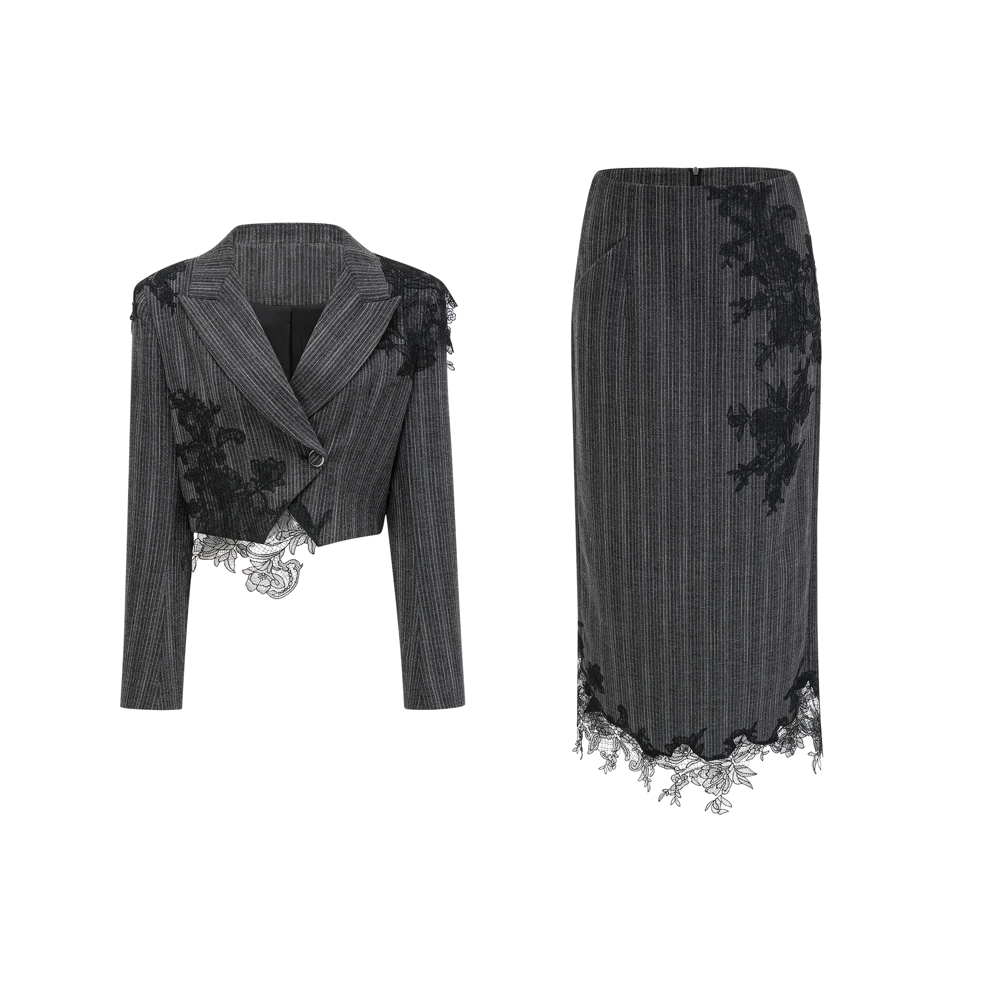 Sidonie – Graues Blazer- und Rockset mit Blumenapplikation und Streifen