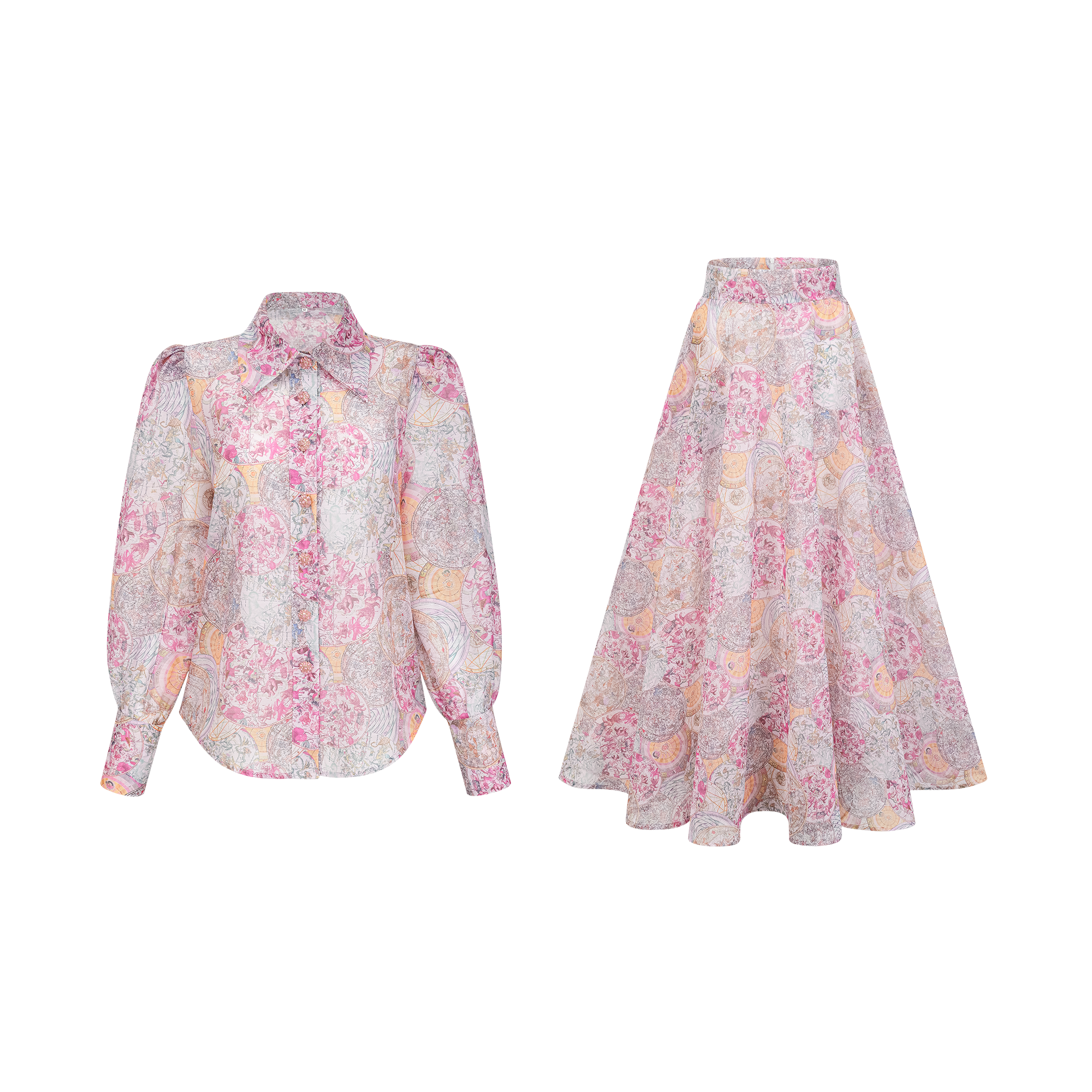 Cherry pink pattern-print shirt & skirt matching set(Final Sale)