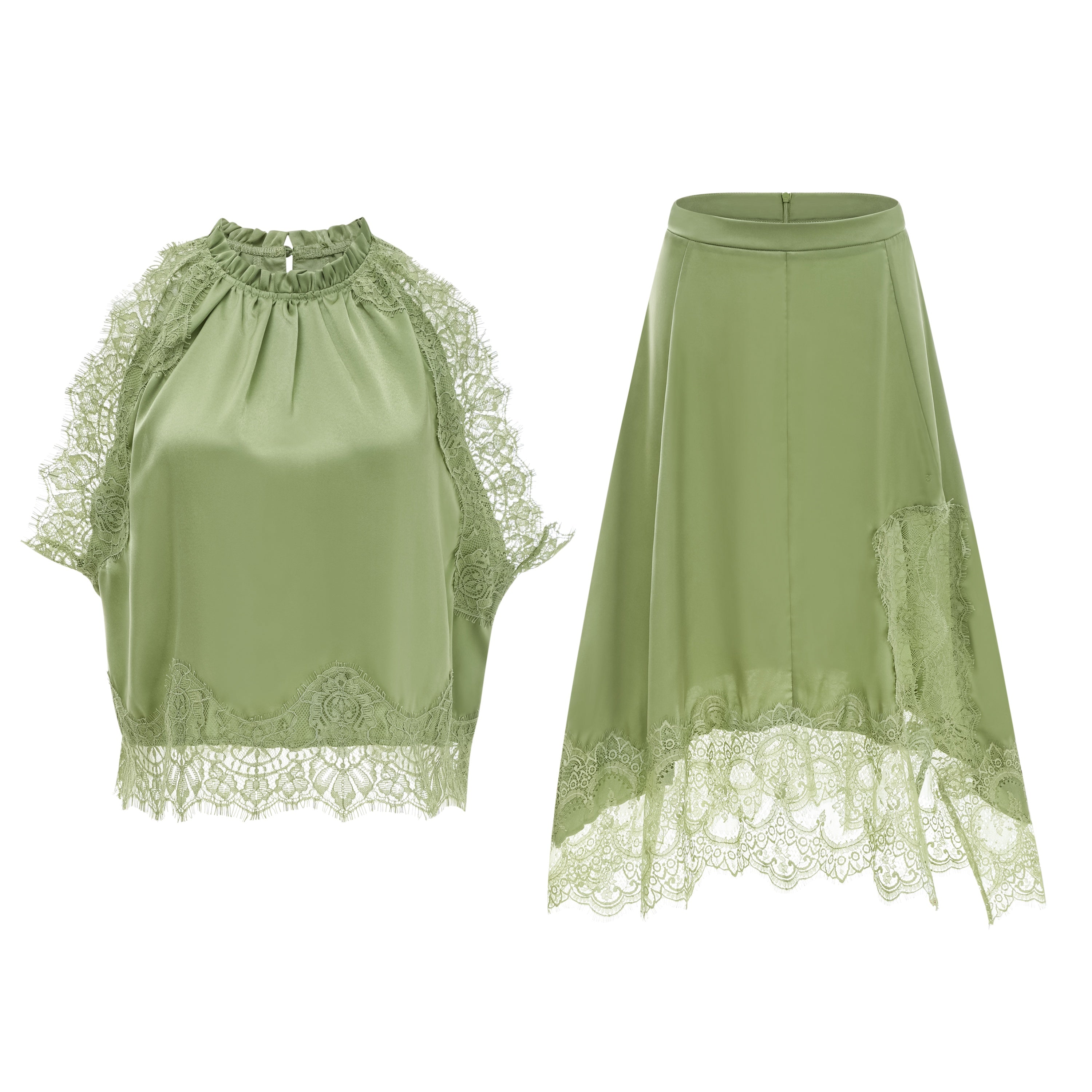 Spitzenoberteil & Spitzenrock in Salbeigrün