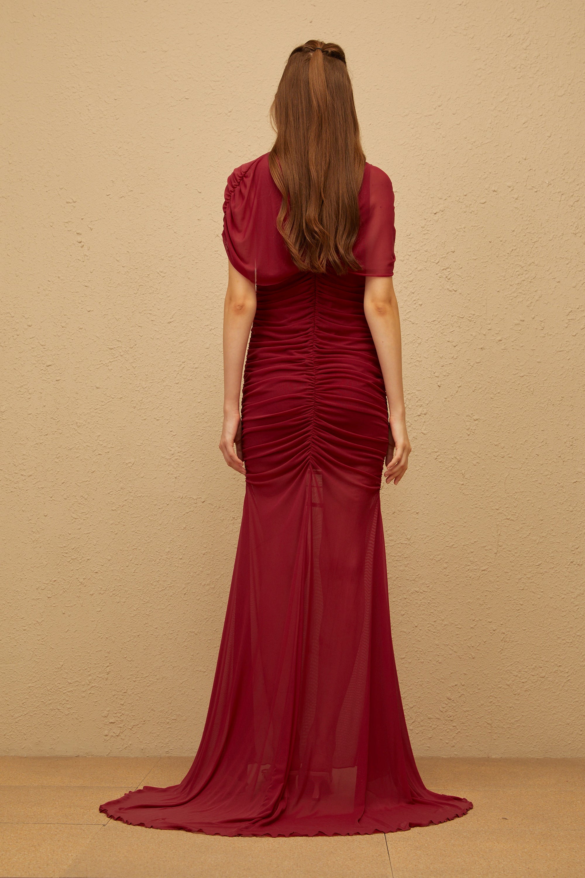 Sylphe Red Asymmetrical Ruched Mesh Maxi Dress