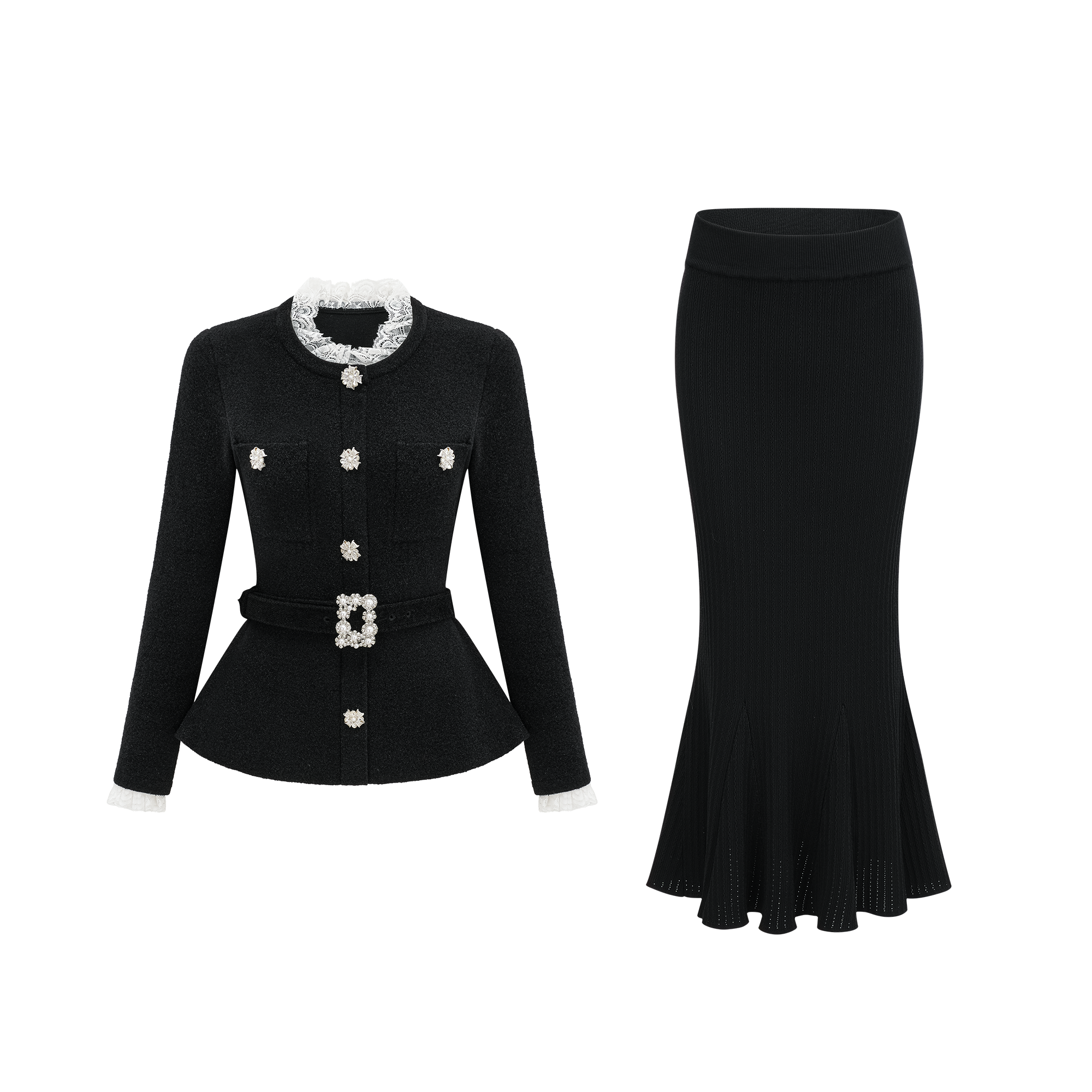 طقم توب وتنورة محبوكة سوداء مزينة من إلينور