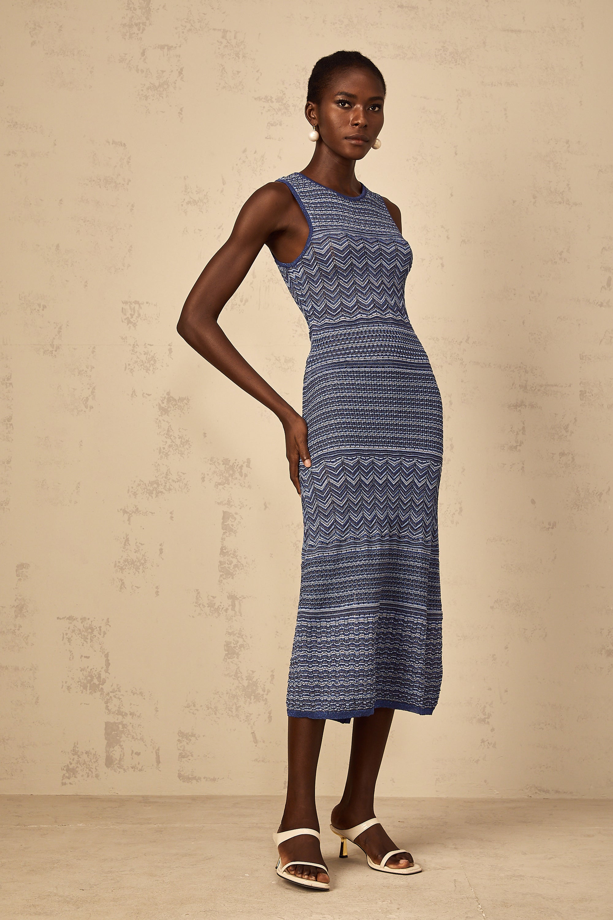 Ingrid Blue Wavy Crochet Knit Midi Dress
