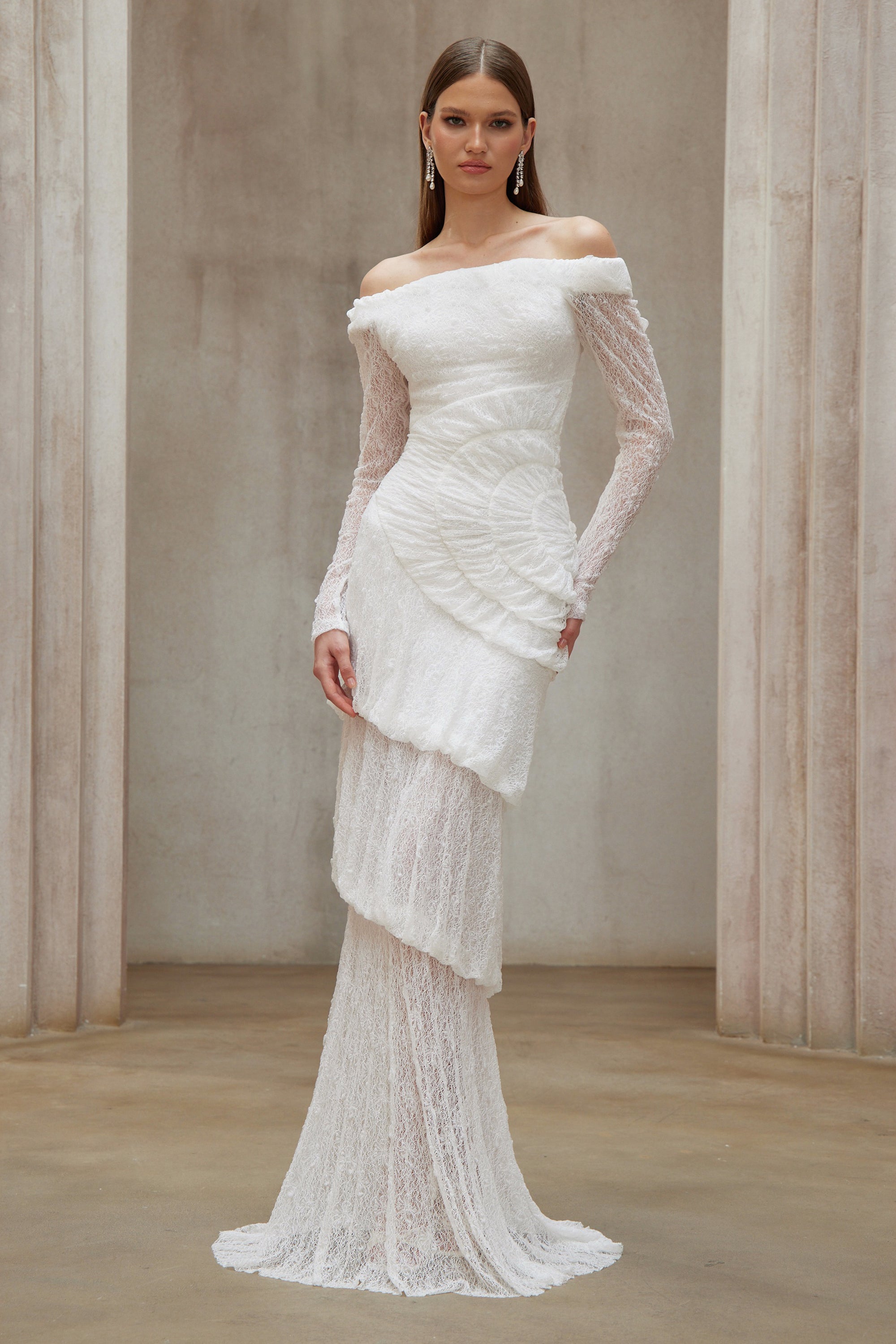 Étincelle White Ruched Lace Maxi Dress