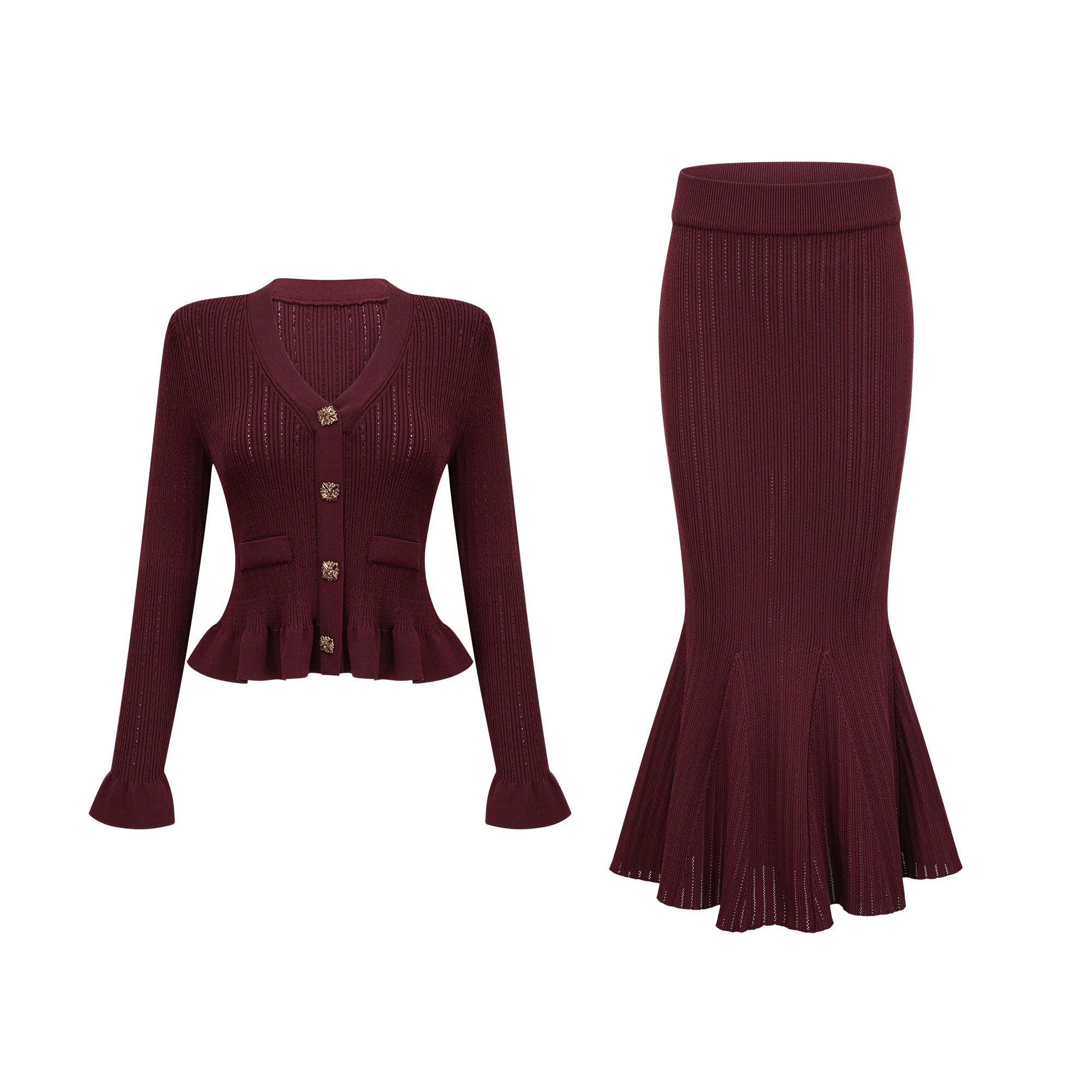 Corrine – Passendes Set aus rotem Strickoberteil und -rock mit Rüschen