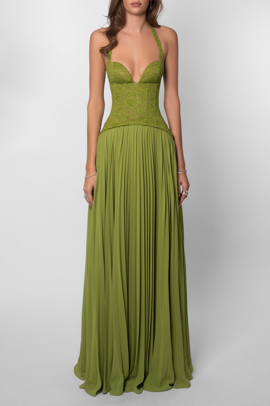 Ronja Green Lace Corset Bodice Pleated Maxi Dress