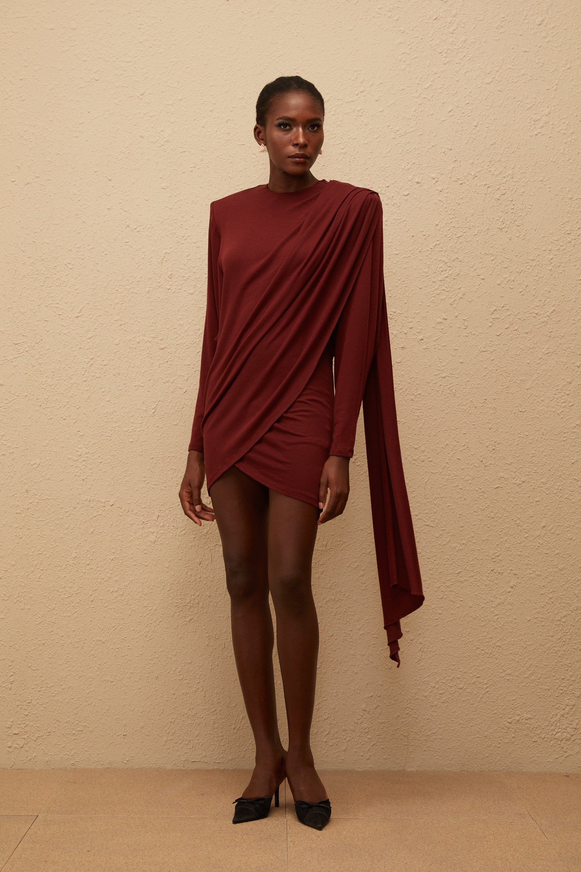 Garance Maroon Asymmetrical Knit Mini Dress