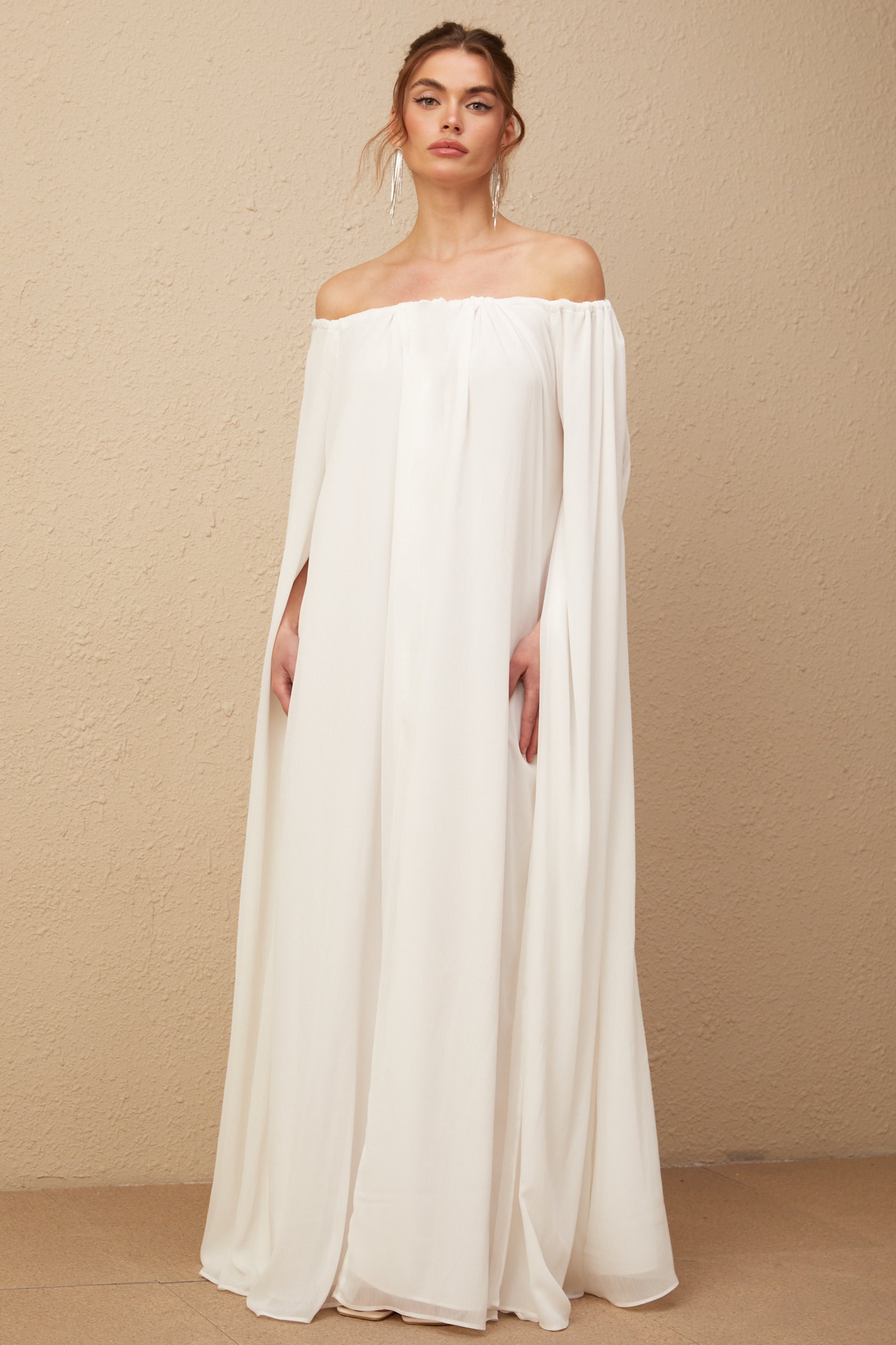 Patrizia white cape-design draped tulle maxi dress