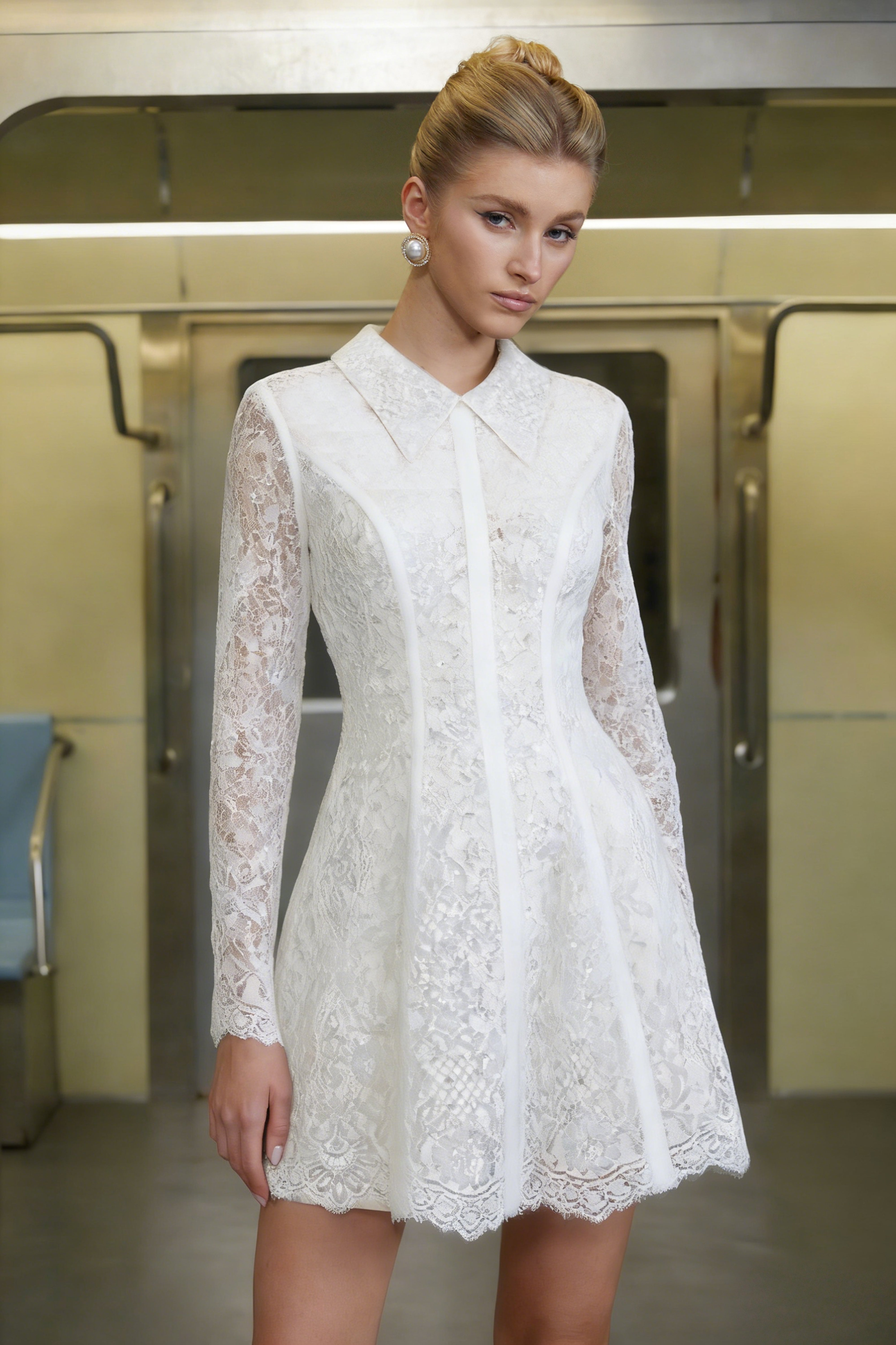 Aleksandra White Sequin Floral Lace Mini Dress