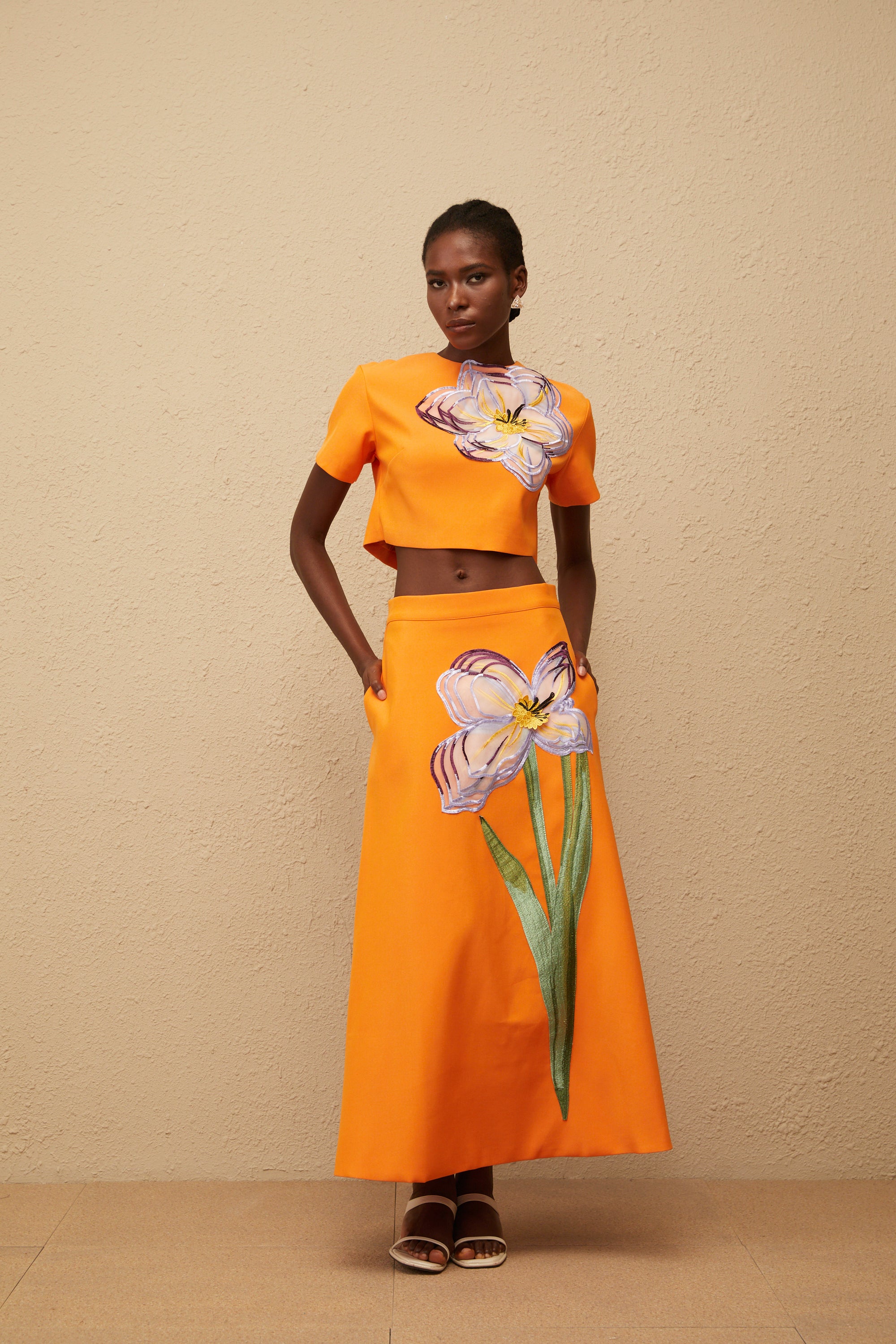 Irène Orange Sequin Floral Embroidered Matching Set