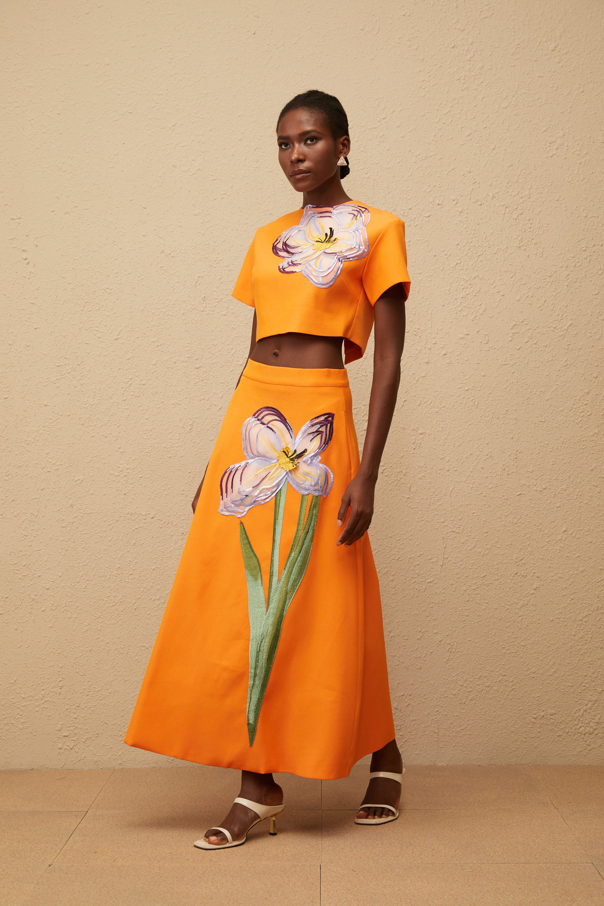 Irène Orange Sequin Floral Embroidered Matching Set