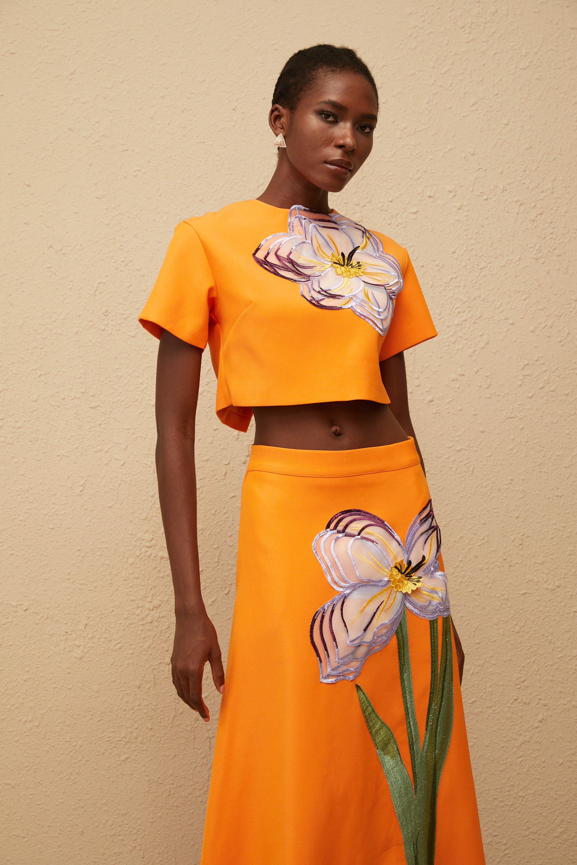 Irène Orange Sequin Floral Embroidered Matching Set