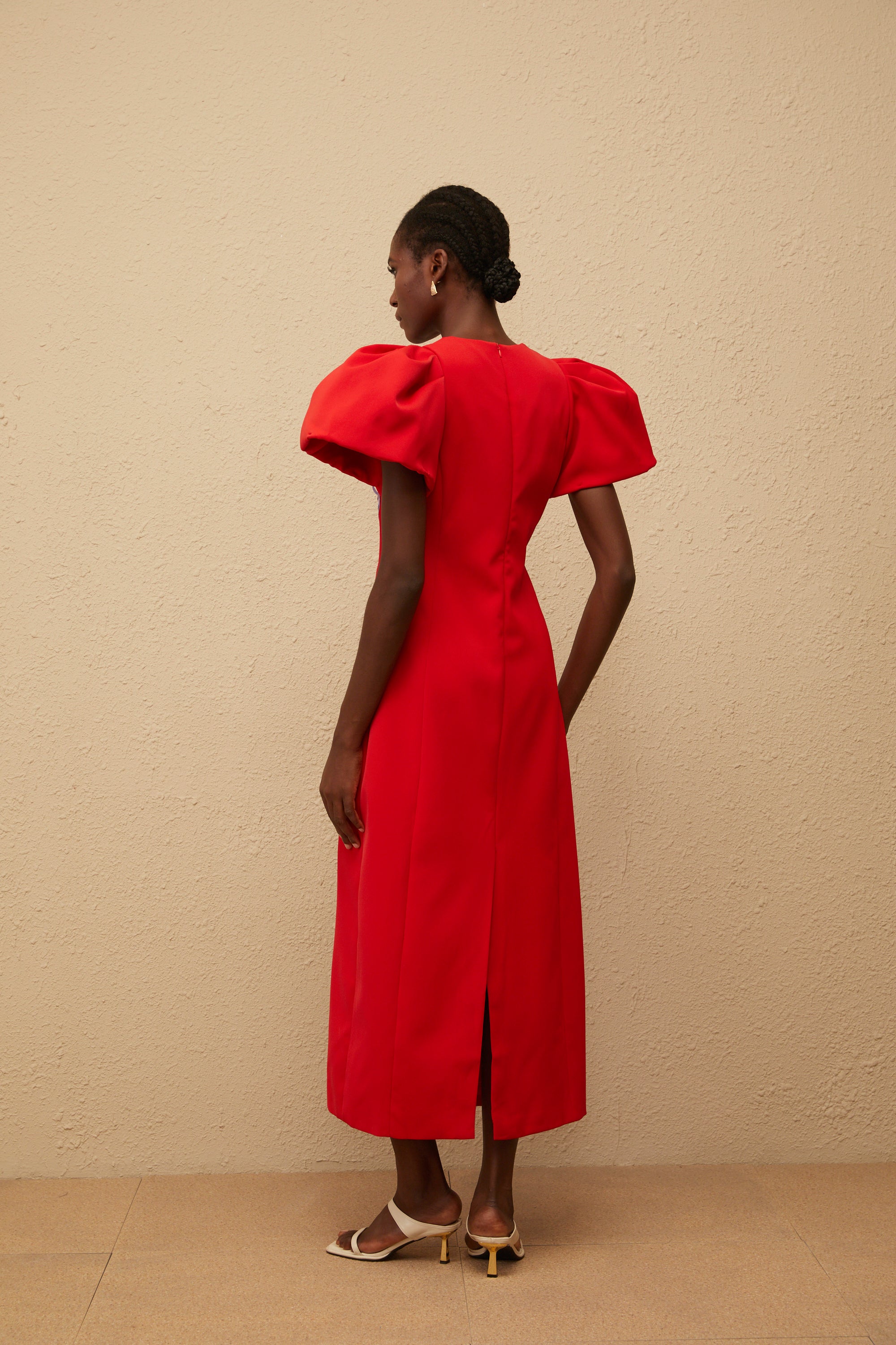 Irène Red Sequined Floral Embroidered Midi Dress