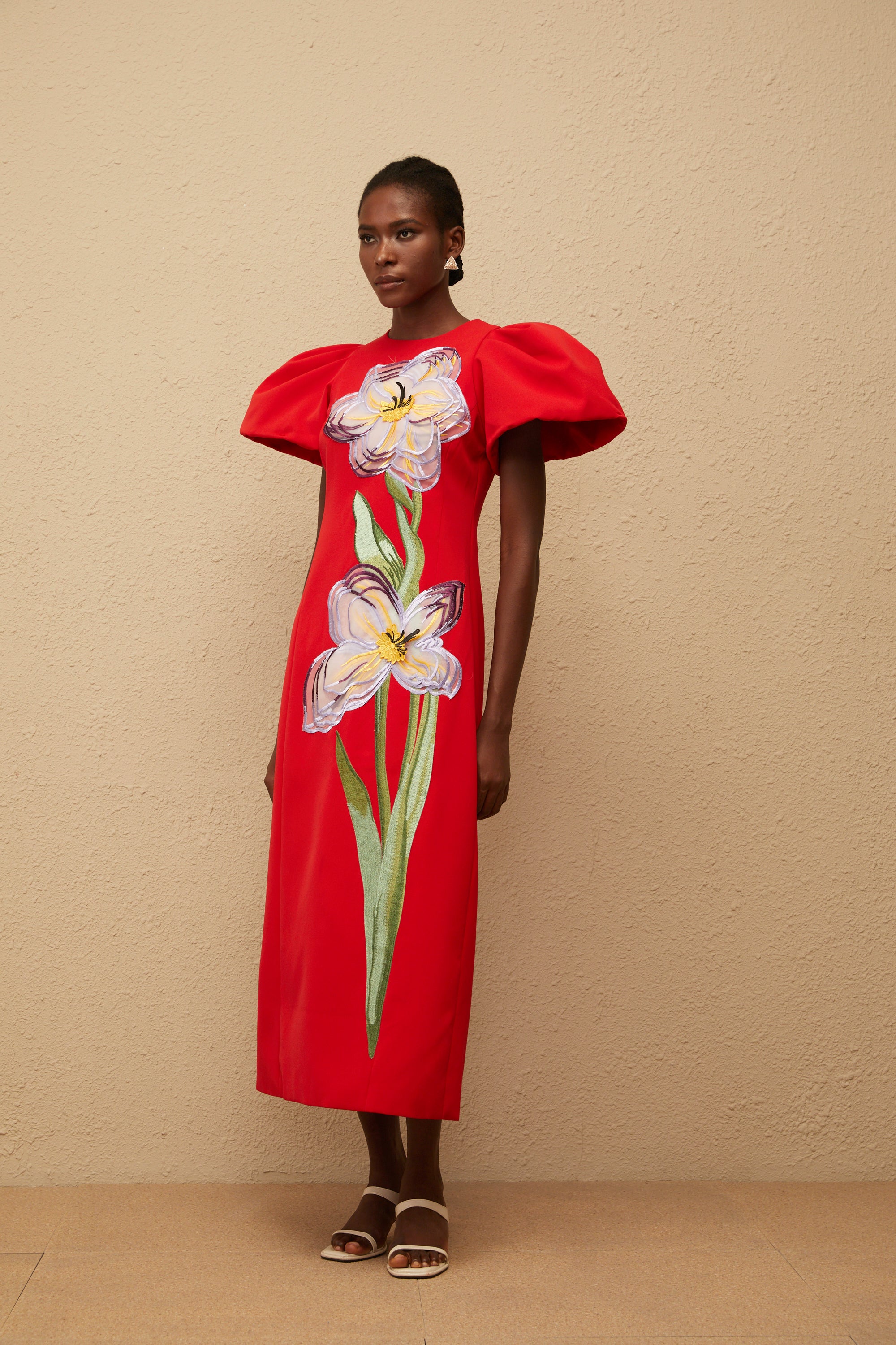 Irène Red Sequined Floral Embroidered Midi Dress