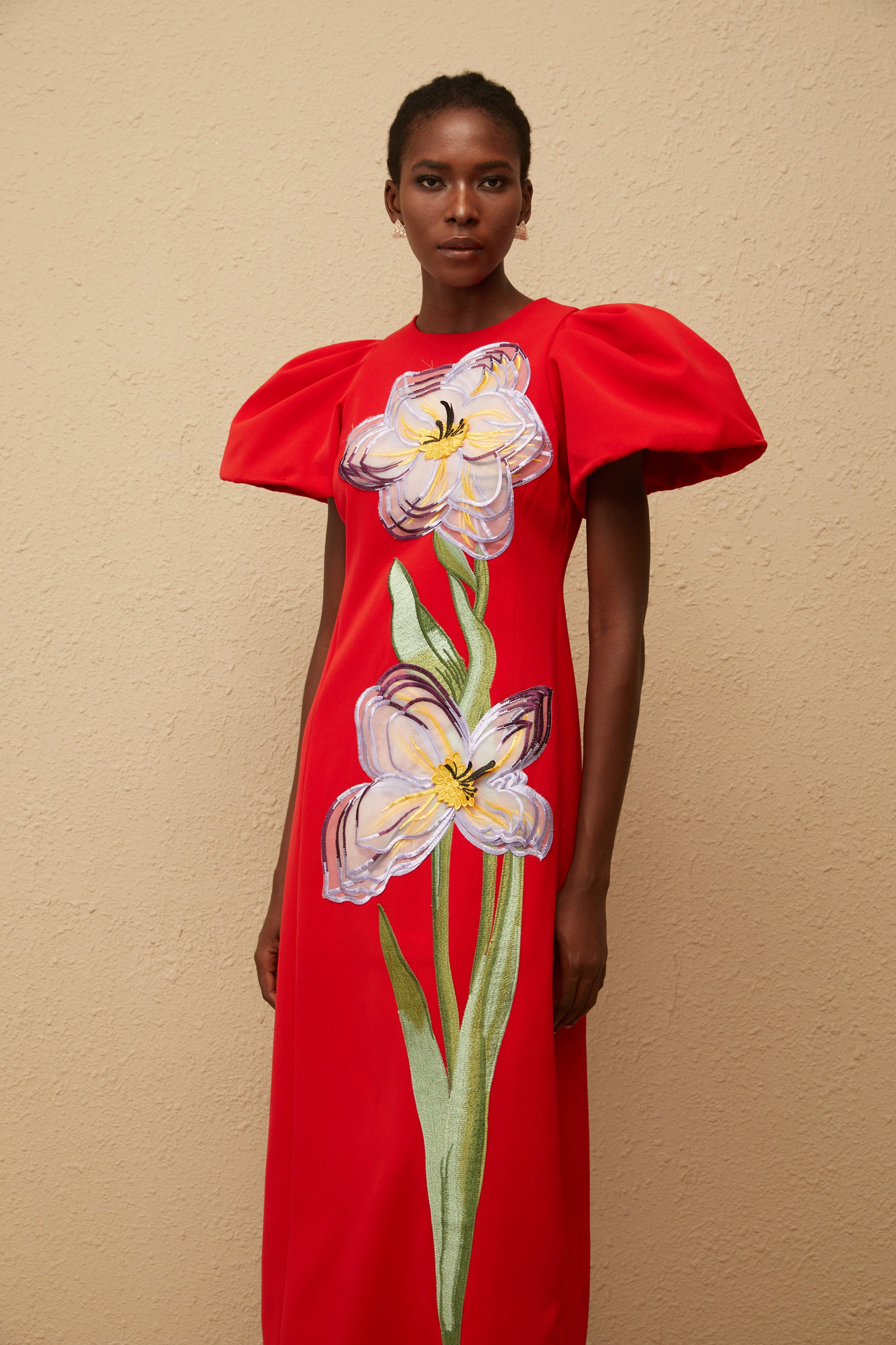 Irène Red Sequined Floral Embroidered Midi Dress