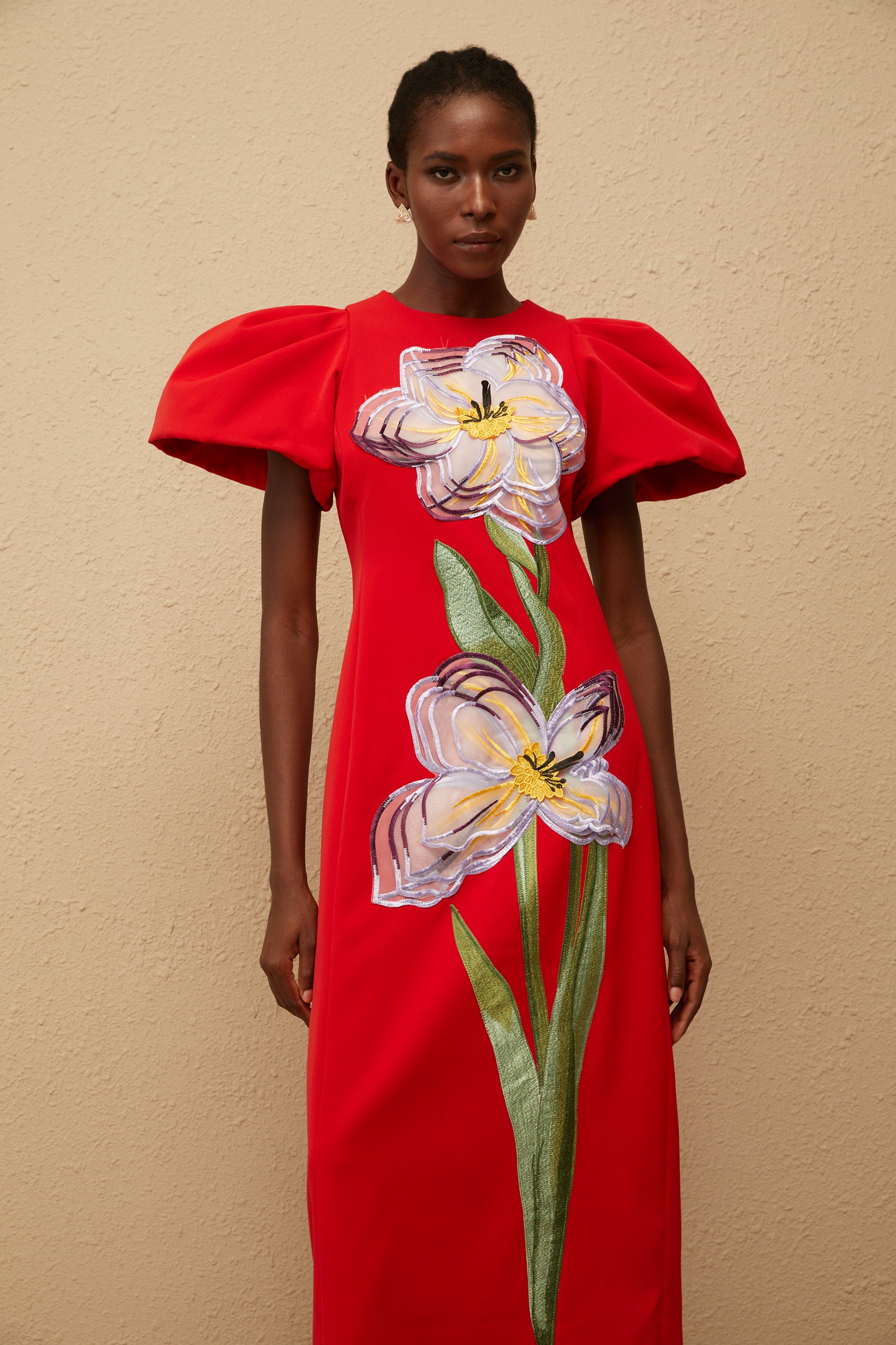 Irène Red Sequined Floral Embroidered Midi Dress