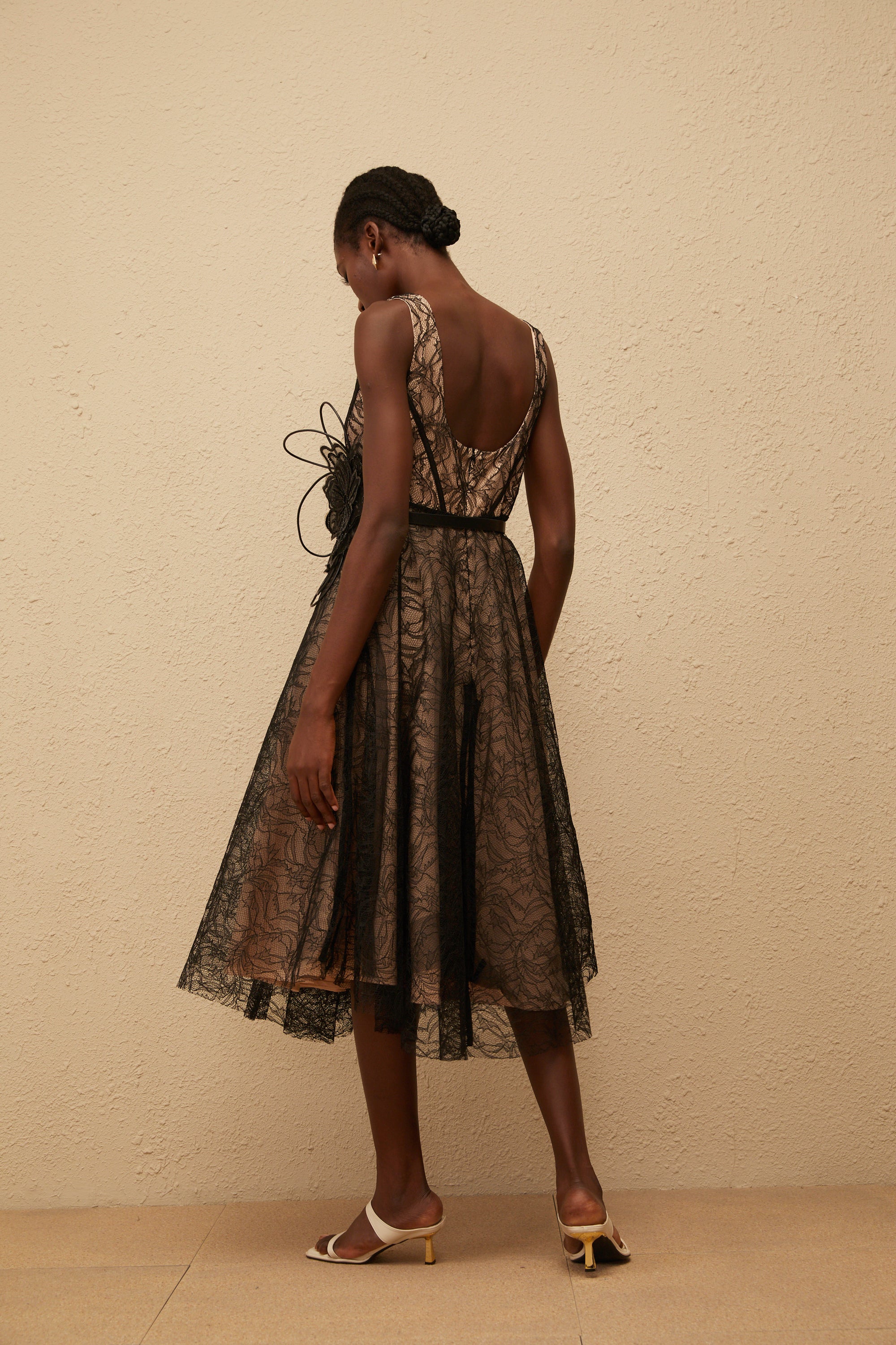 Sandrine Black Floral Lace Midi Dress