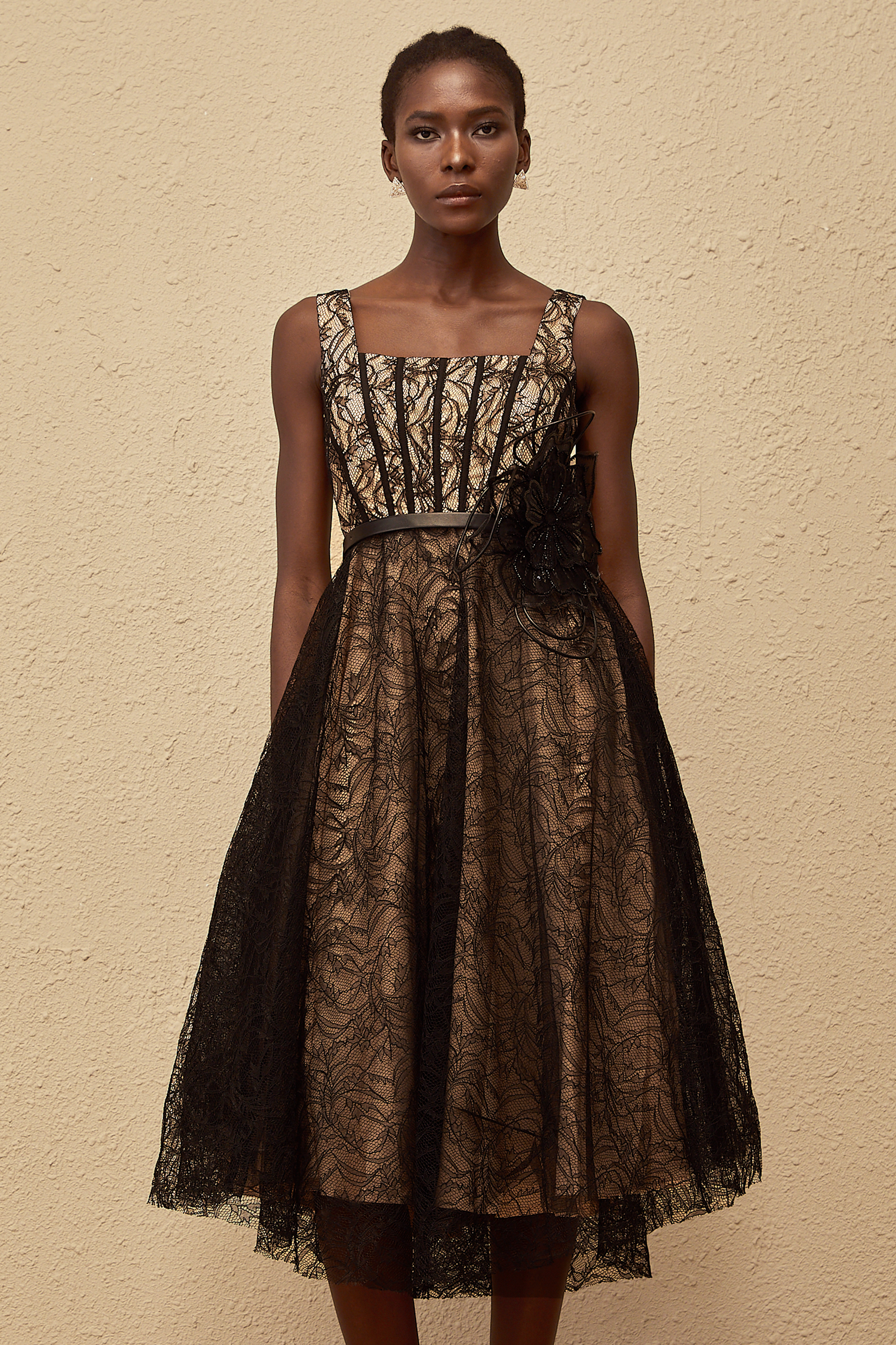 Sandrine Black Floral Lace Midi Dress