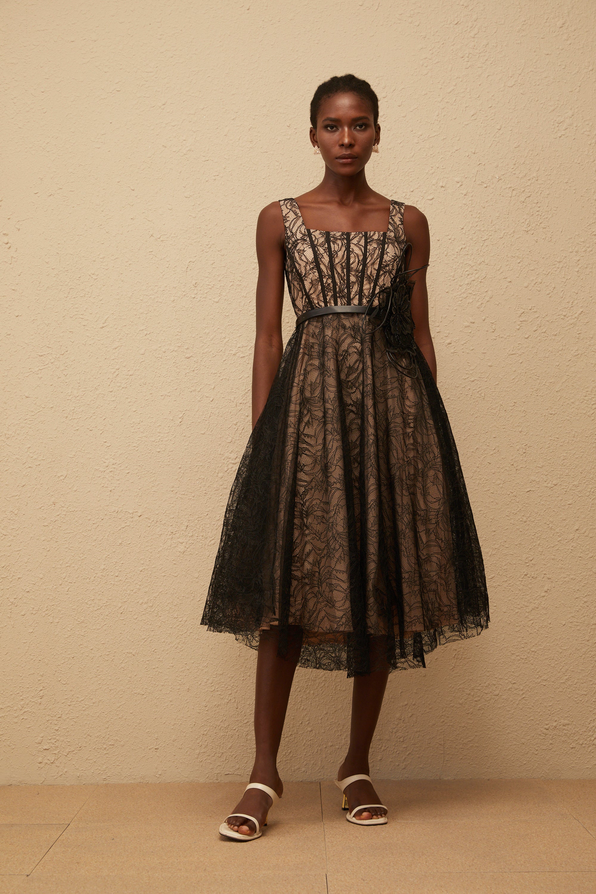 Sandrine Black Floral Lace Midi Dress