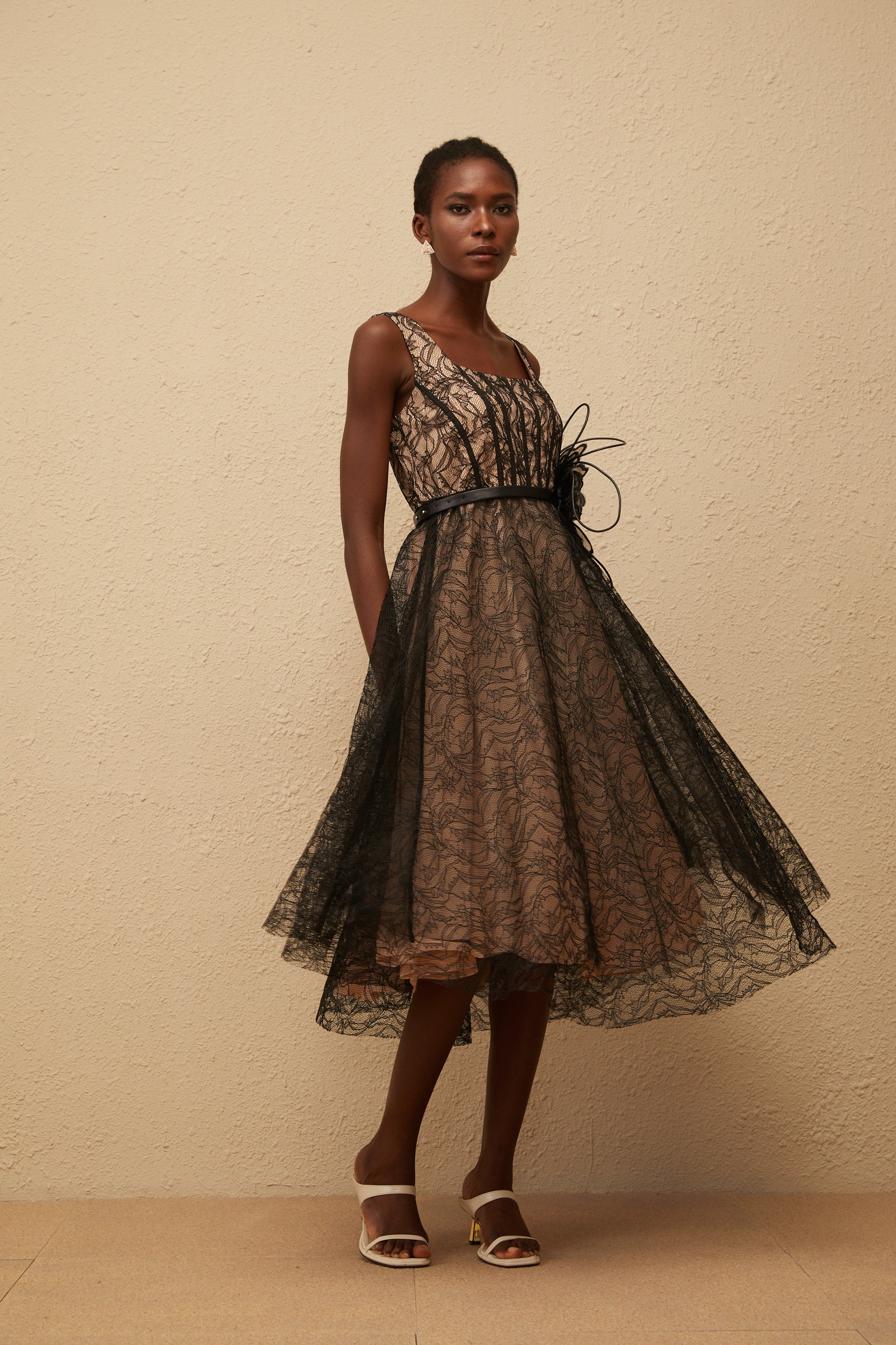 Sandrine Black Floral Lace Midi Dress