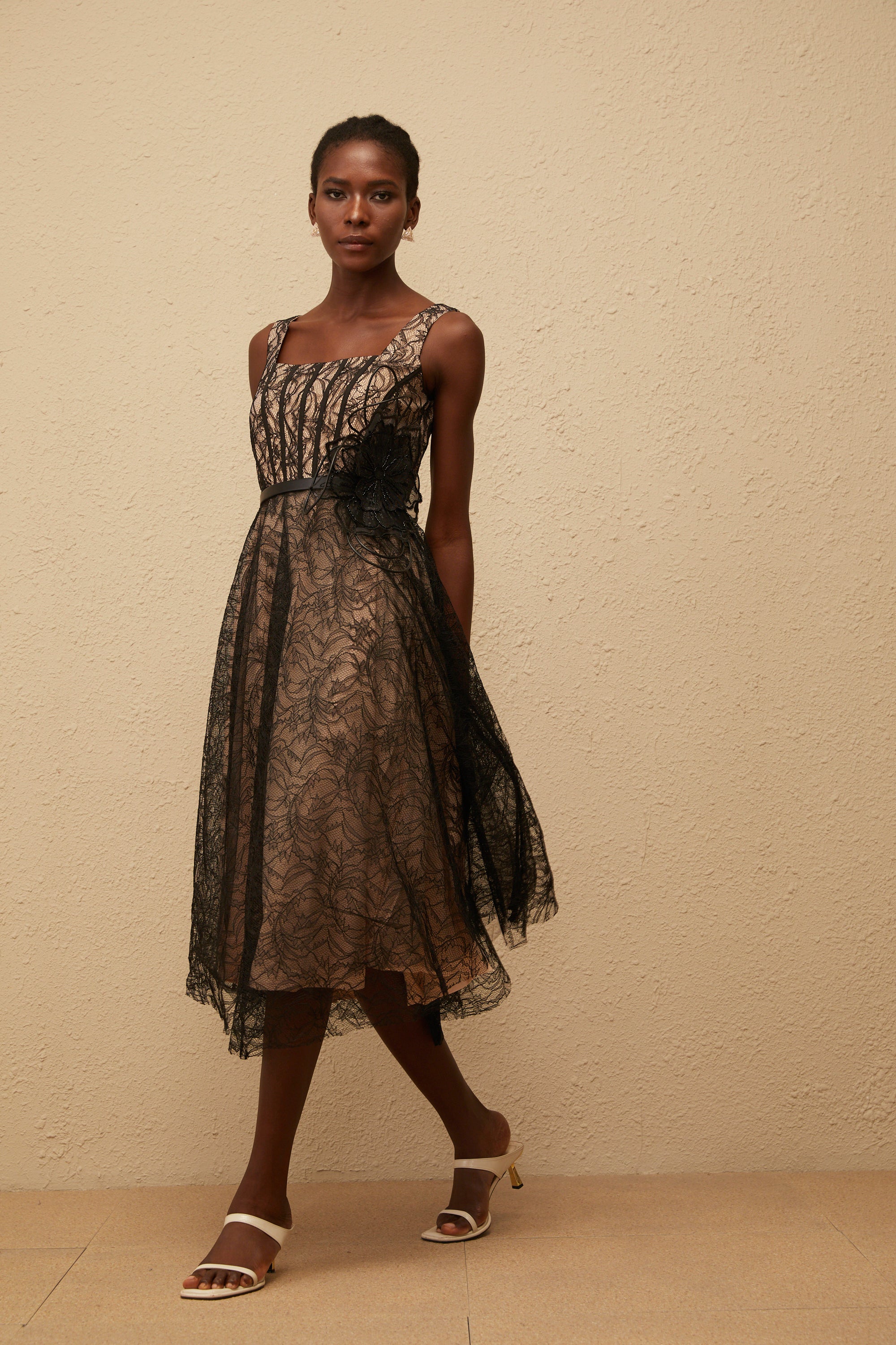 Sandrine Black Floral Lace Midi Dress