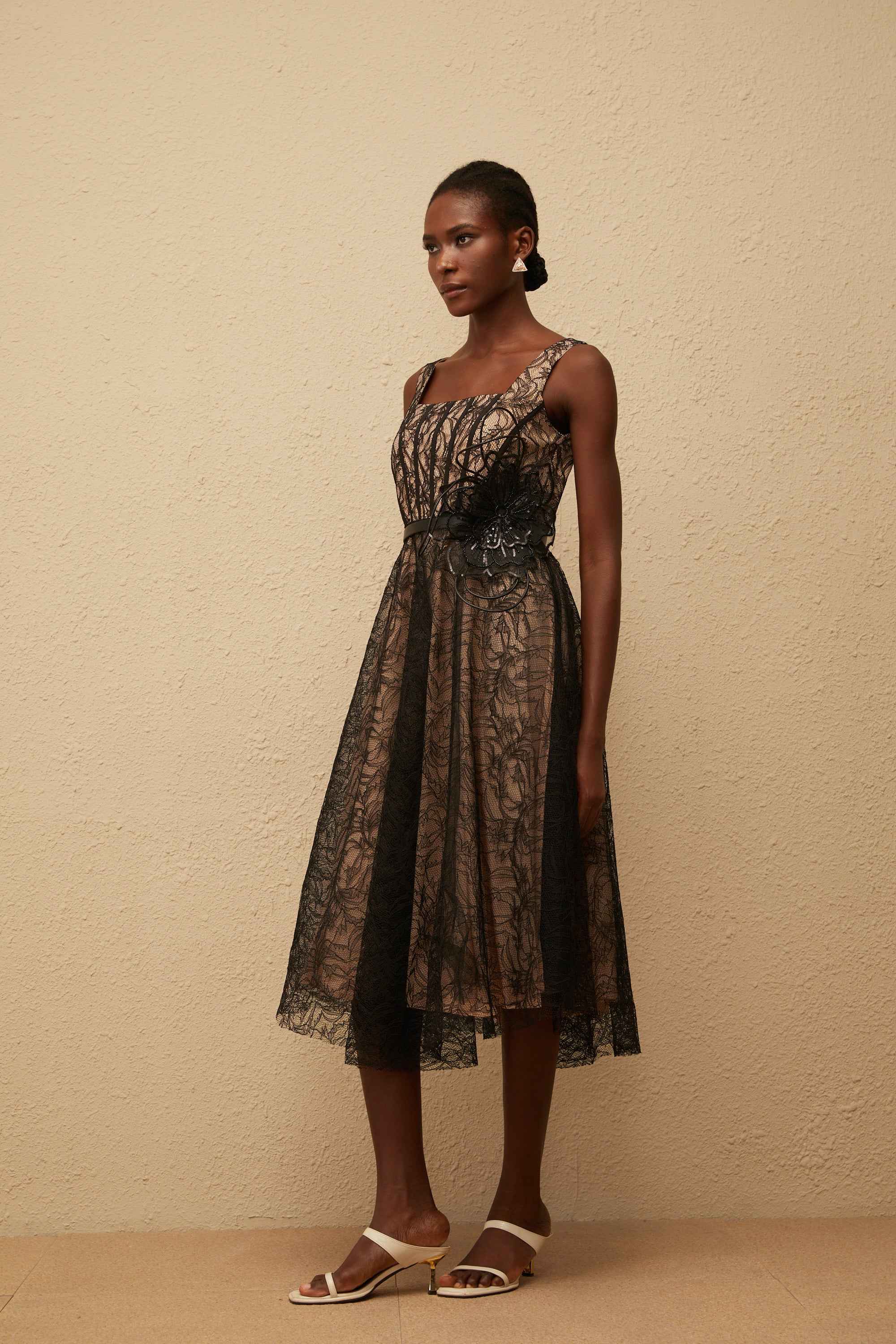 Sandrine Black Floral Lace Midi Dress