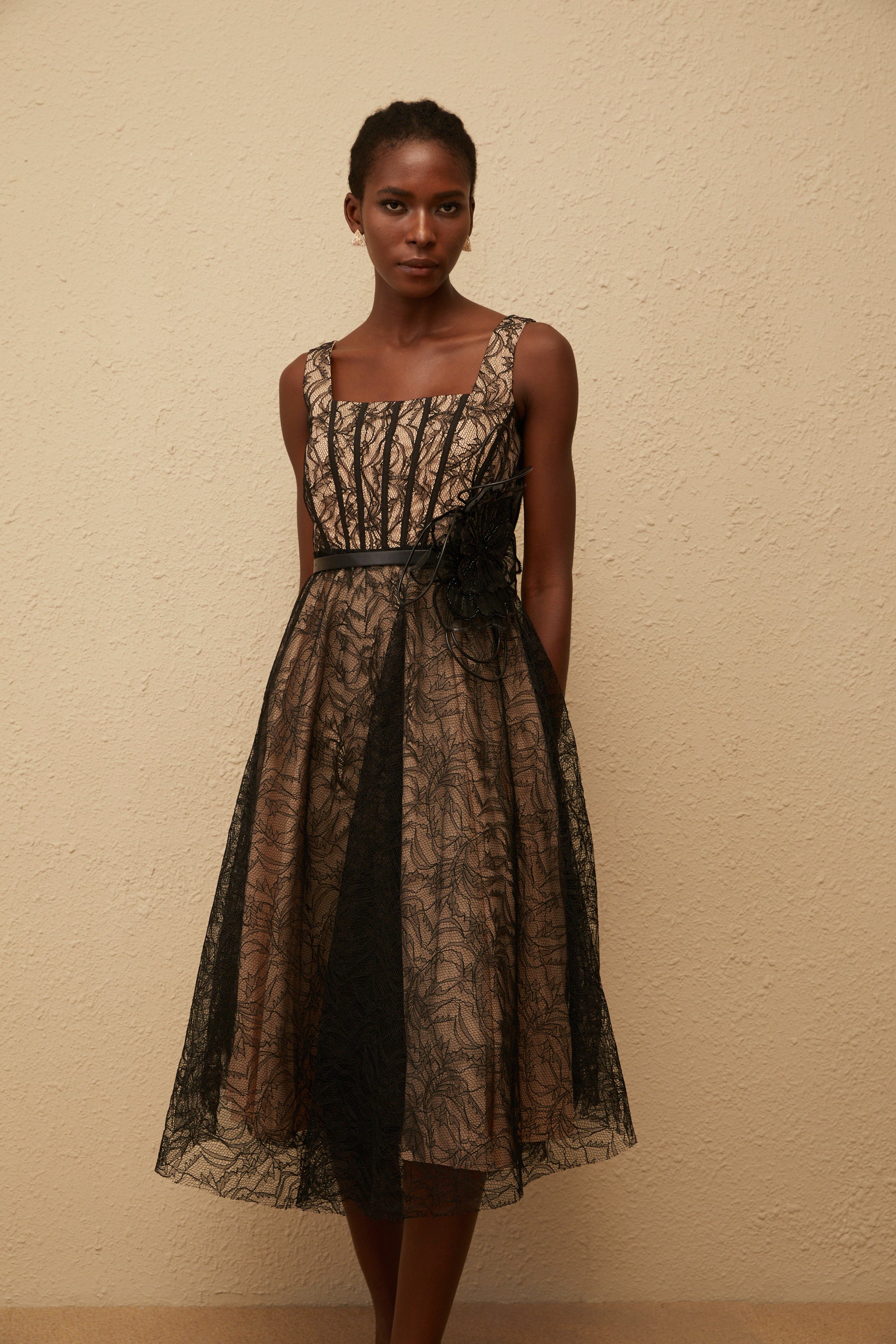 Sandrine Black Floral Lace Midi Dress