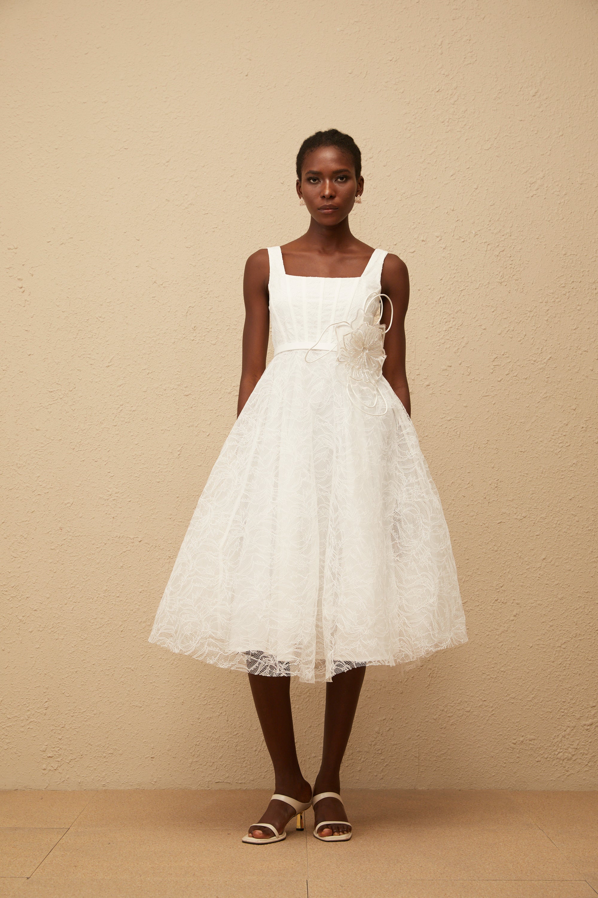 Sandrine White Floral Lace Midi Dress