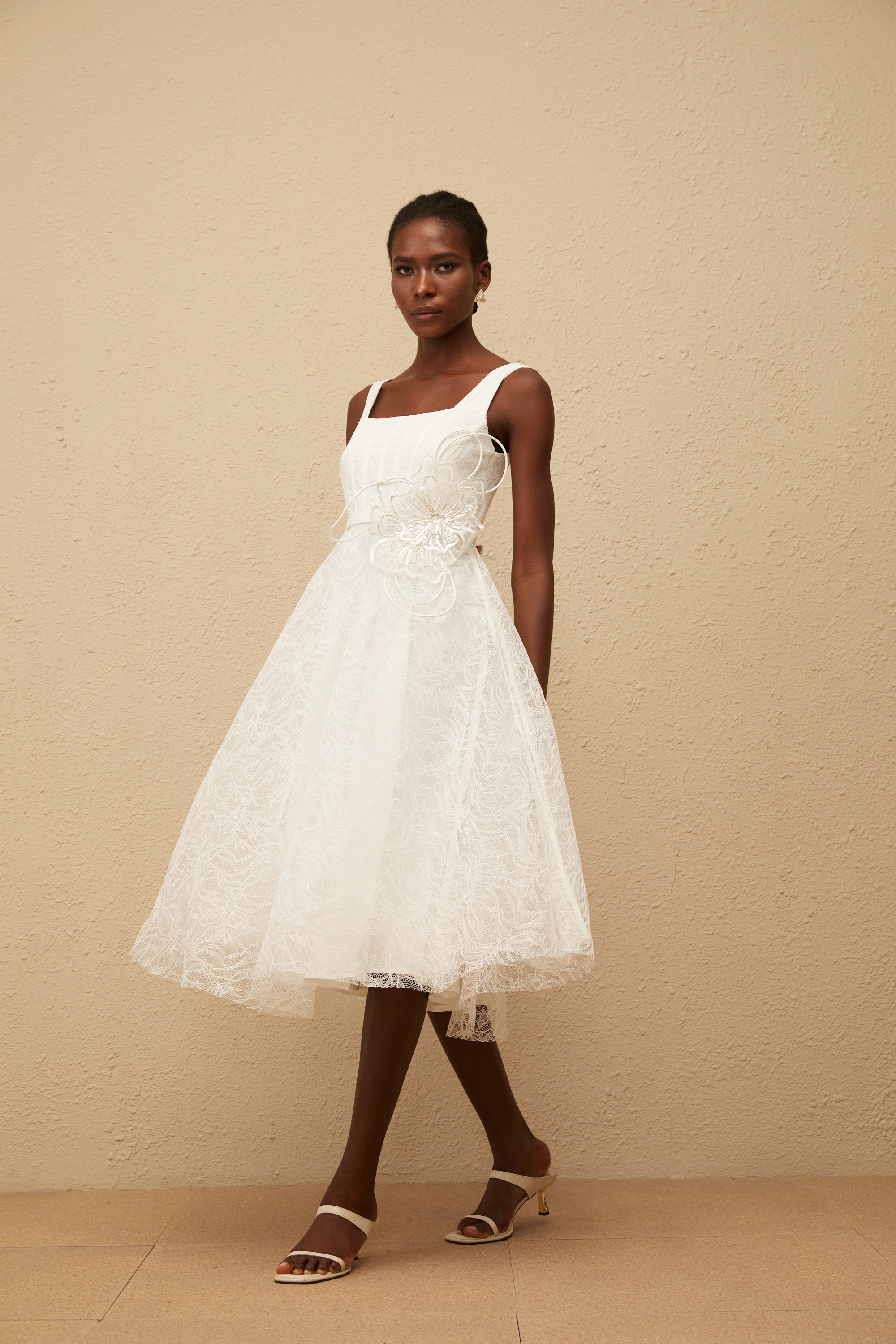 Sandrine White Floral Lace Midi Dress