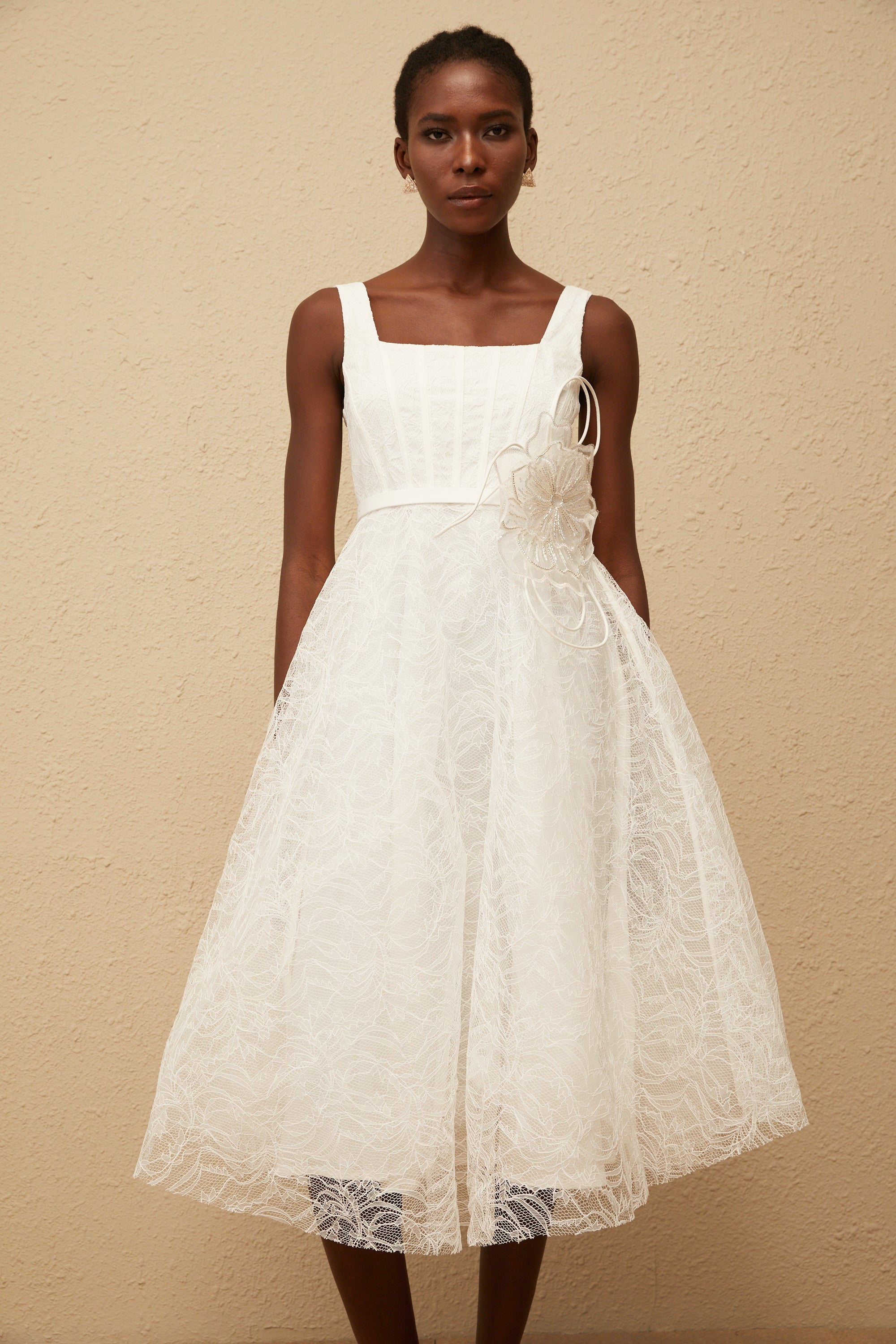 Sandrine White Floral Lace Midi Dress