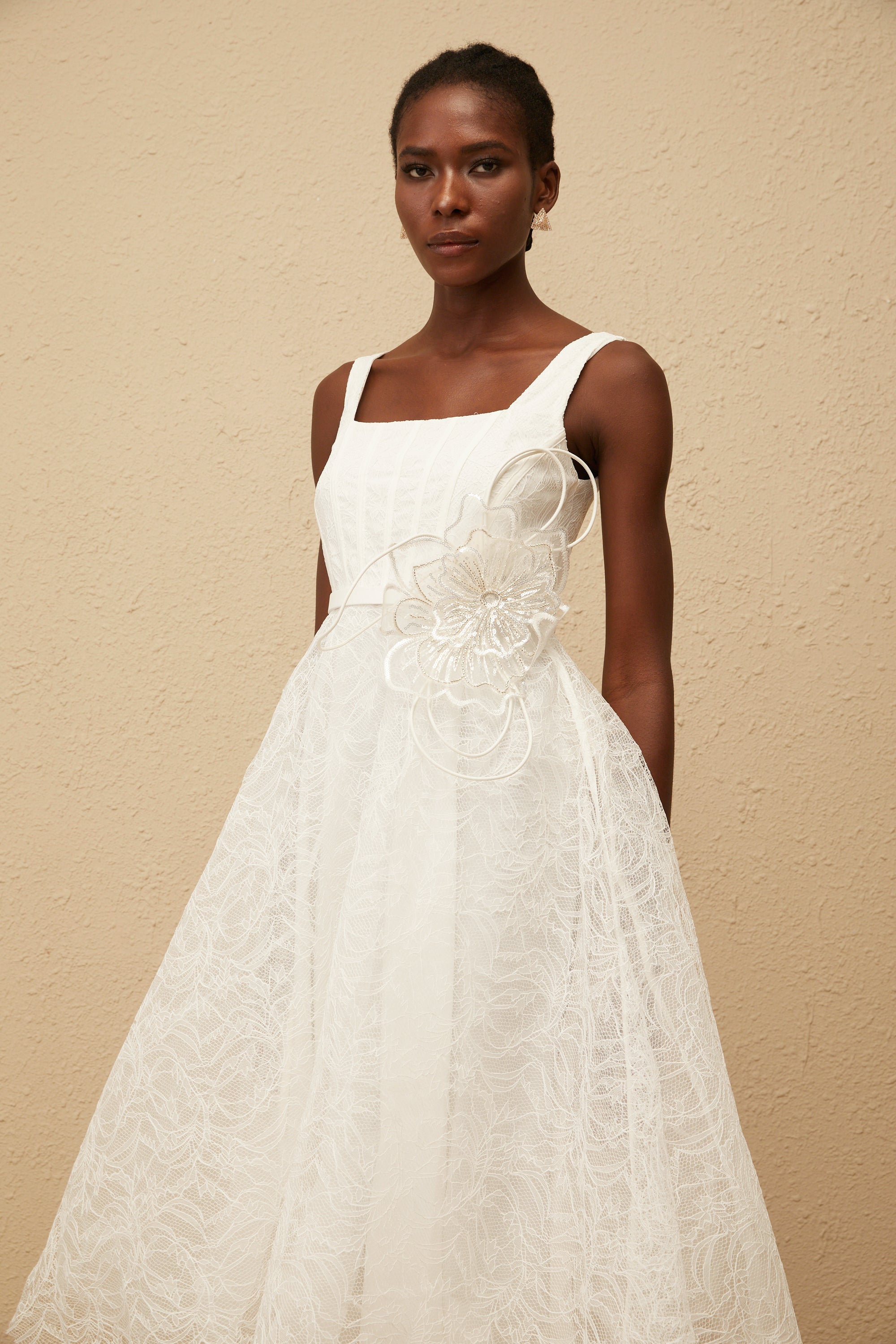 Sandrine White Floral Lace Midi Dress