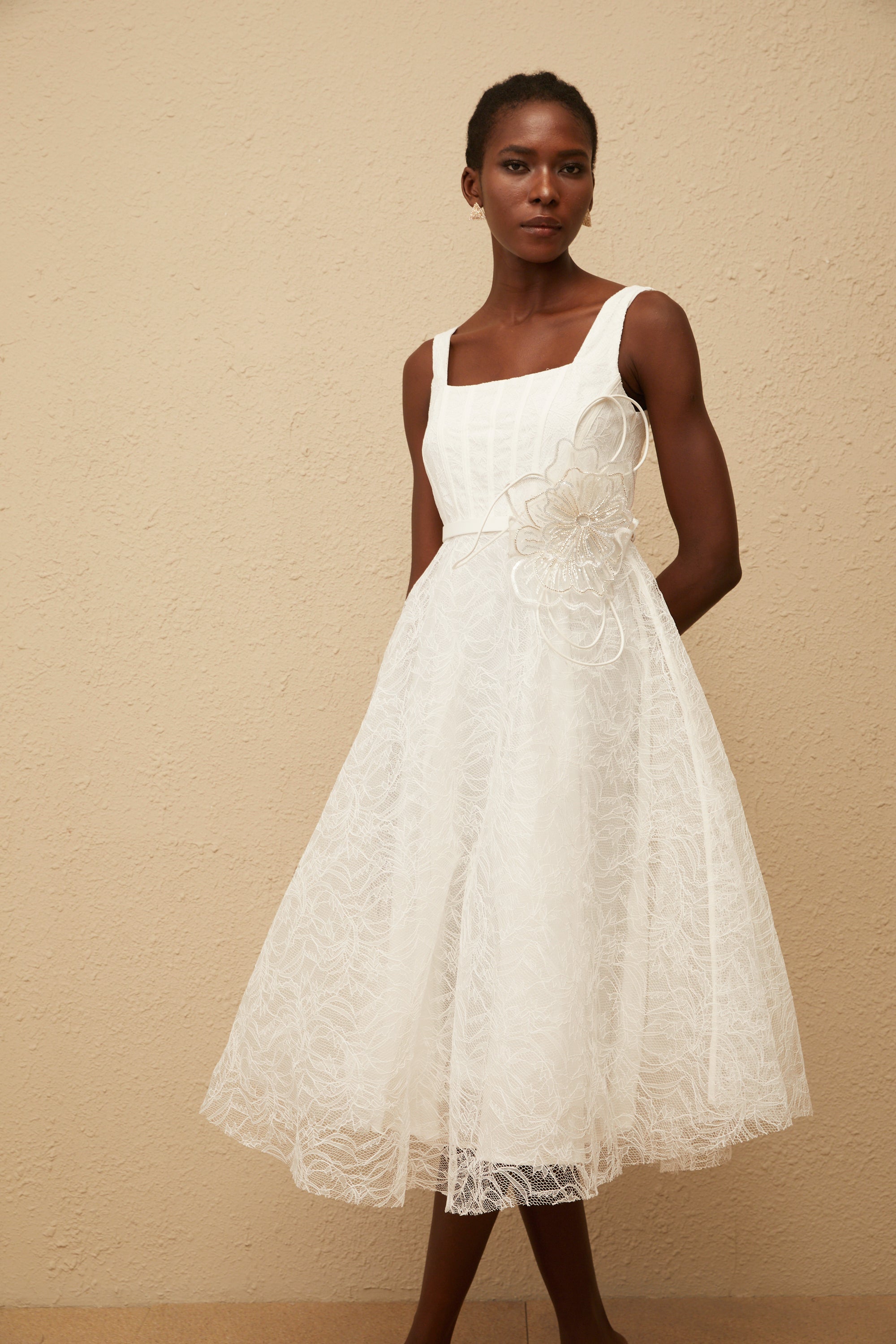 Sandrine White Floral Lace Midi Dress