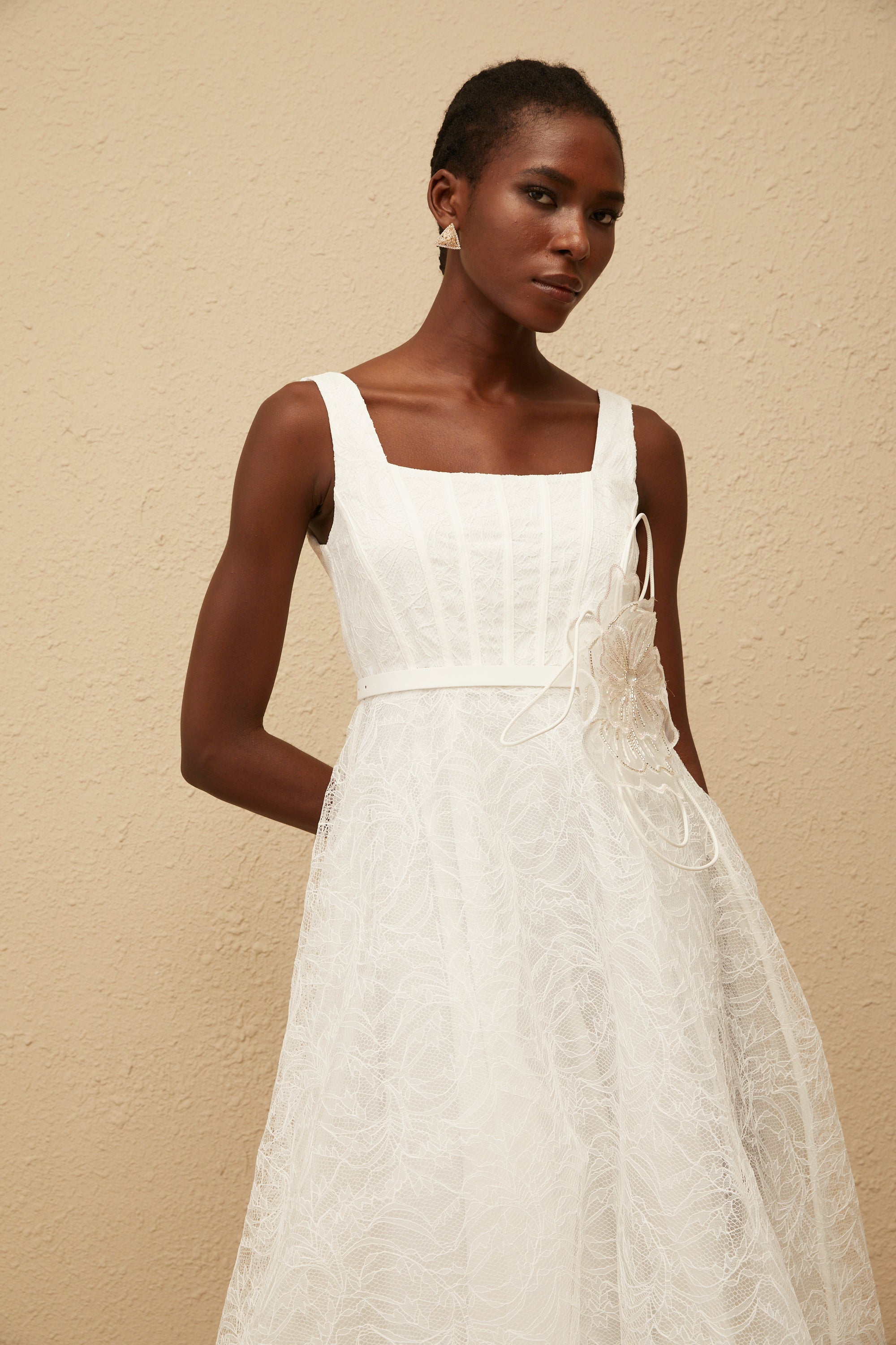 Sandrine White Floral Lace Midi Dress