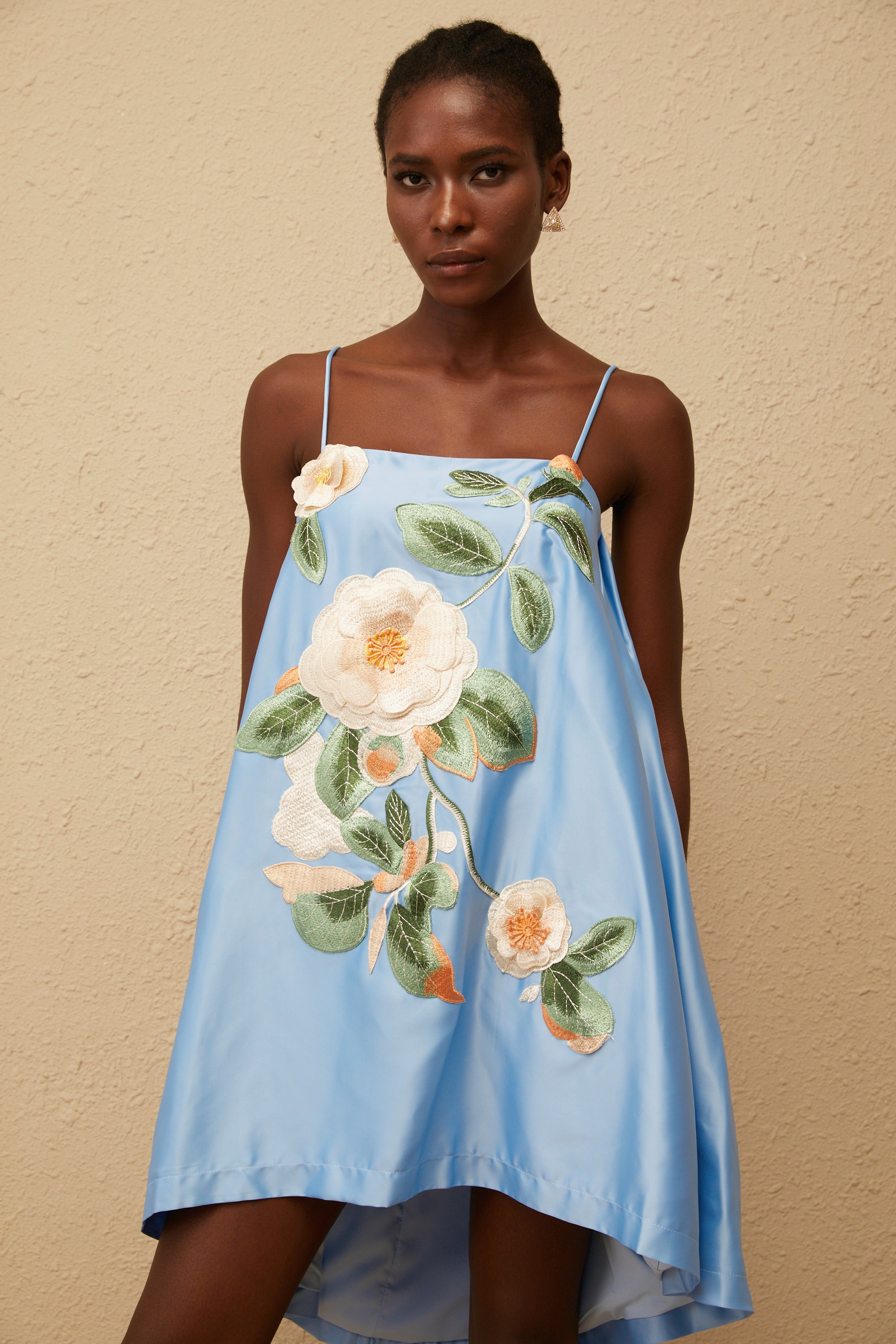 Avril Blue Floral Embroidered Satin Mini Dress