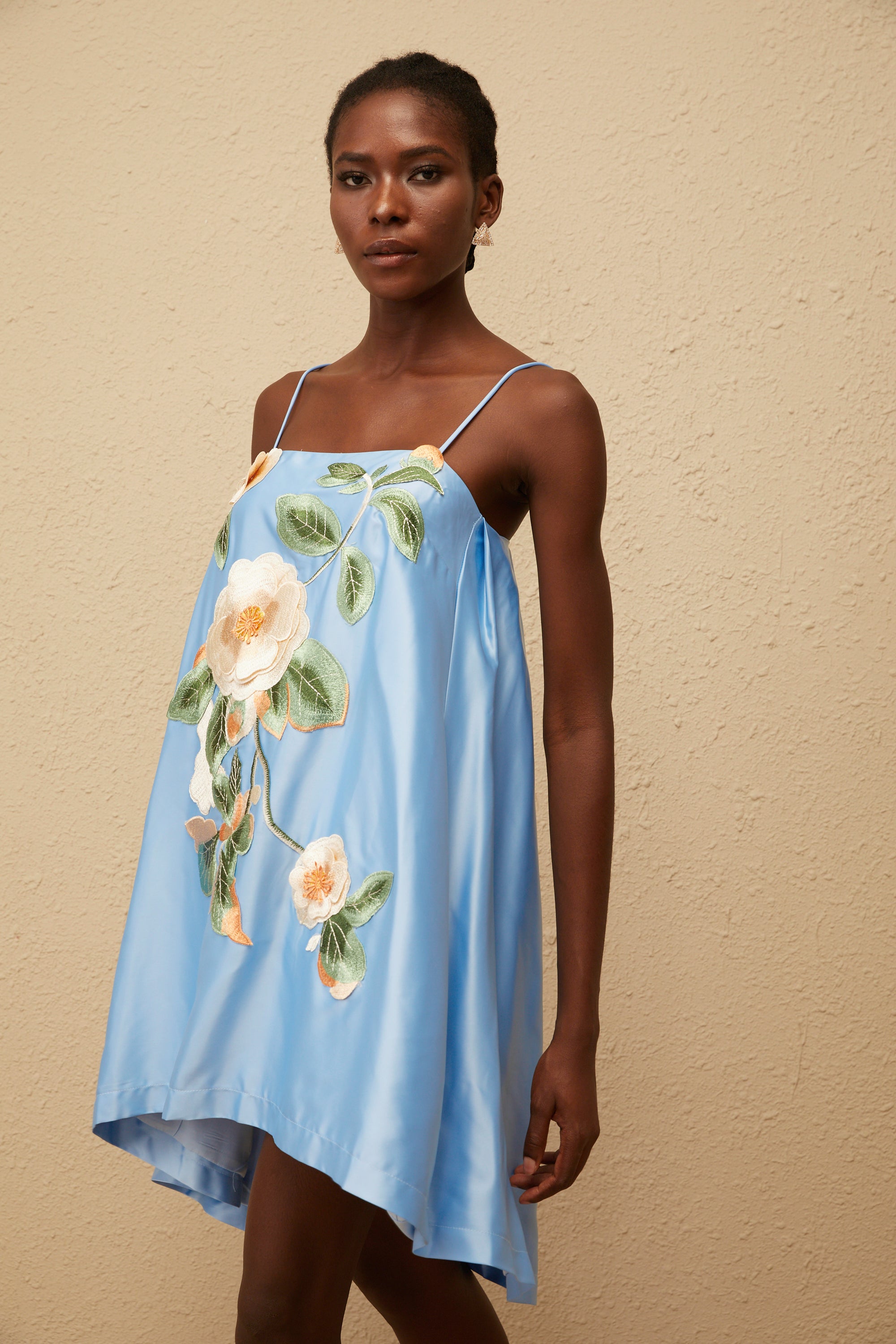 Avril Blue Floral Embroidered Satin Mini Dress