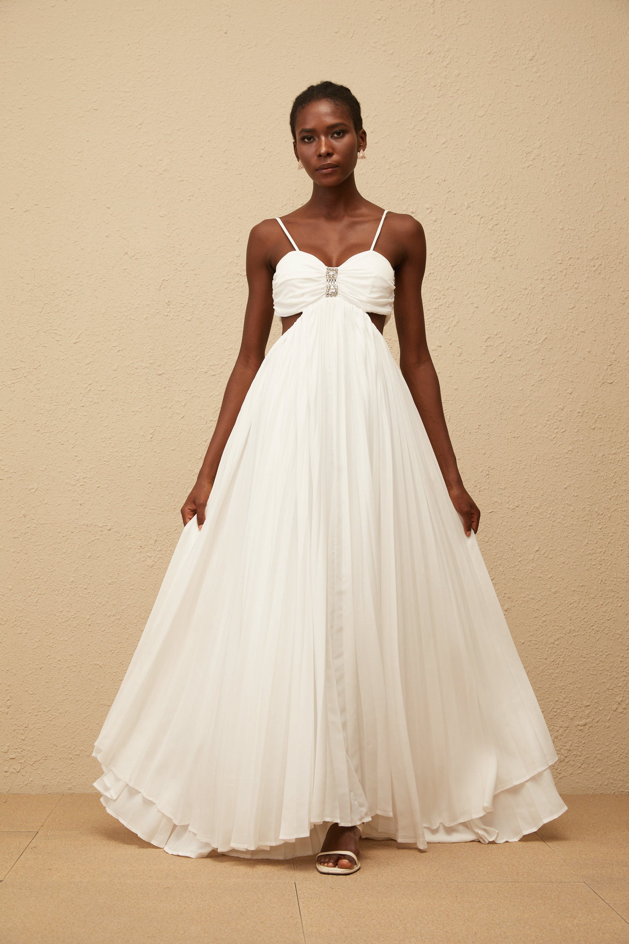 Bérénice White Cut Out Pleated Maxi Dress