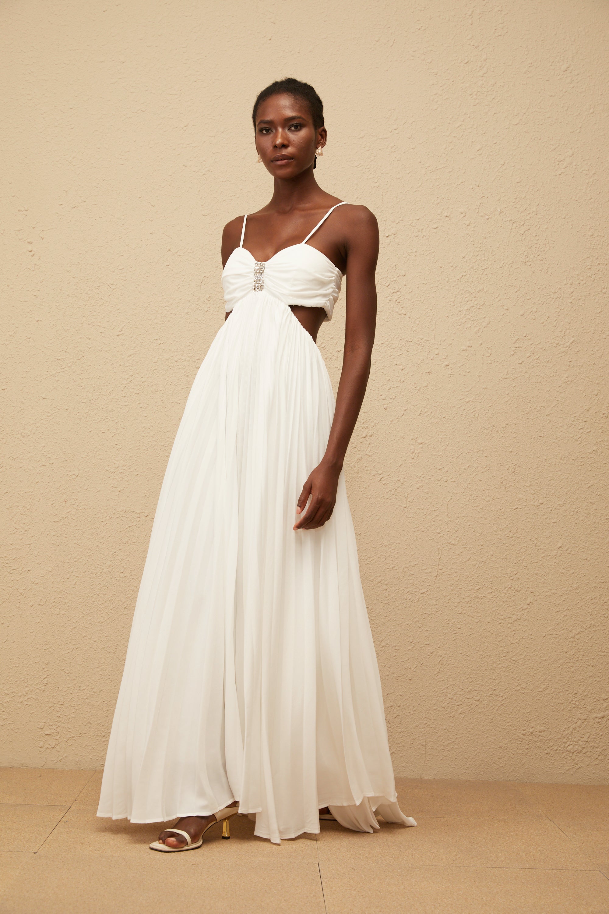 Bérénice White Cut Out Pleated Maxi Dress