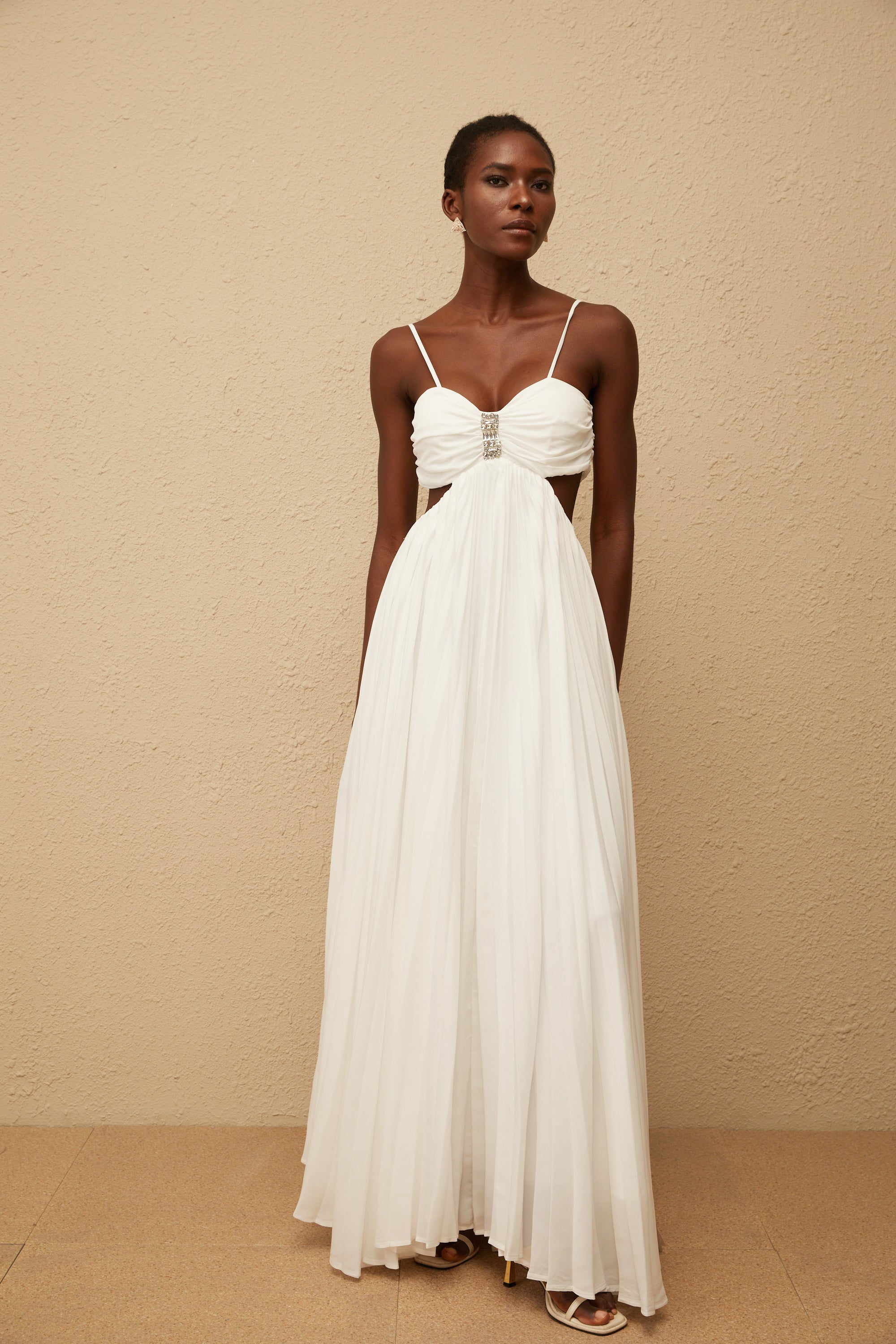 Bérénice White Cut Out Pleated Maxi Dress