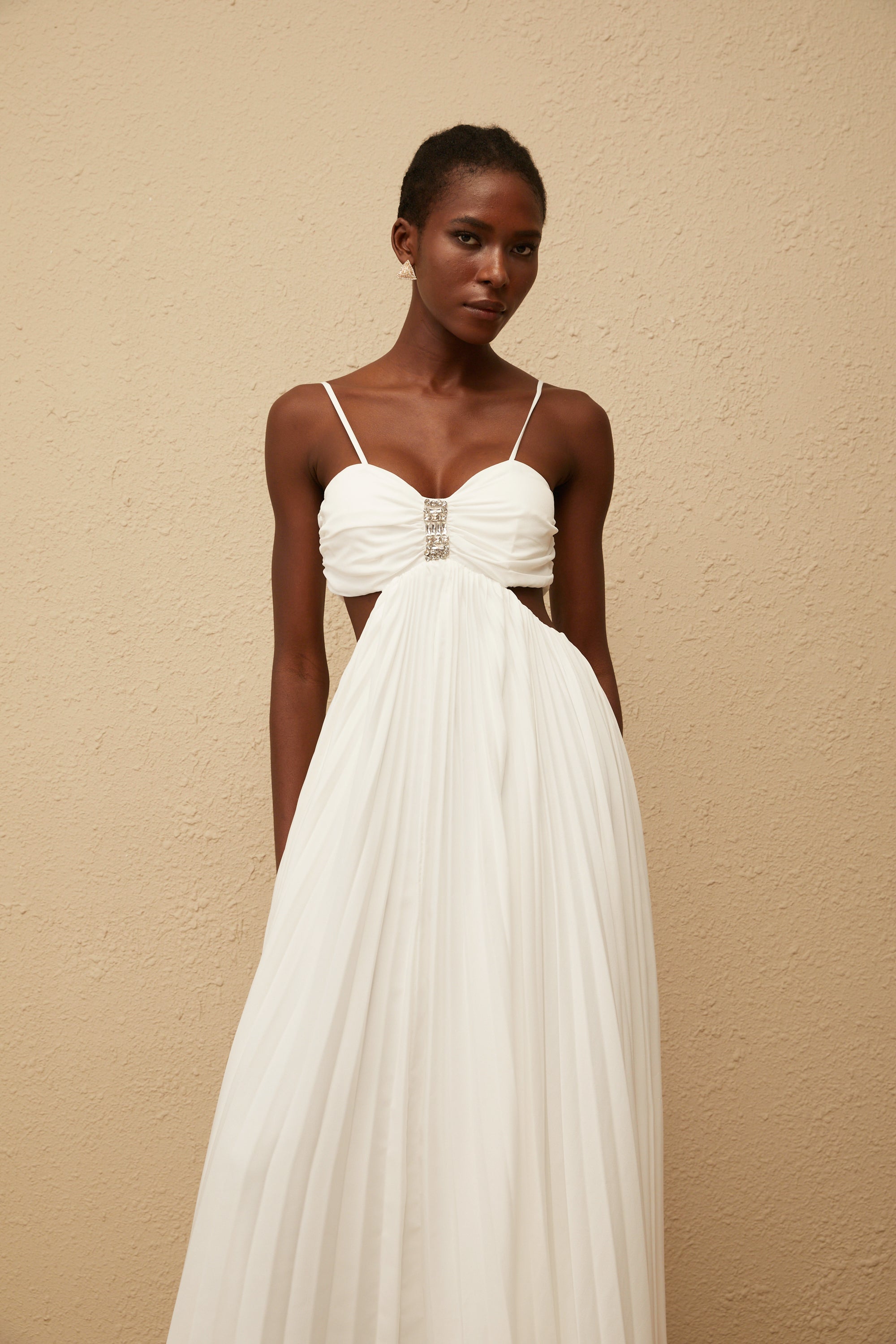 Bérénice White Cut Out Pleated Maxi Dress