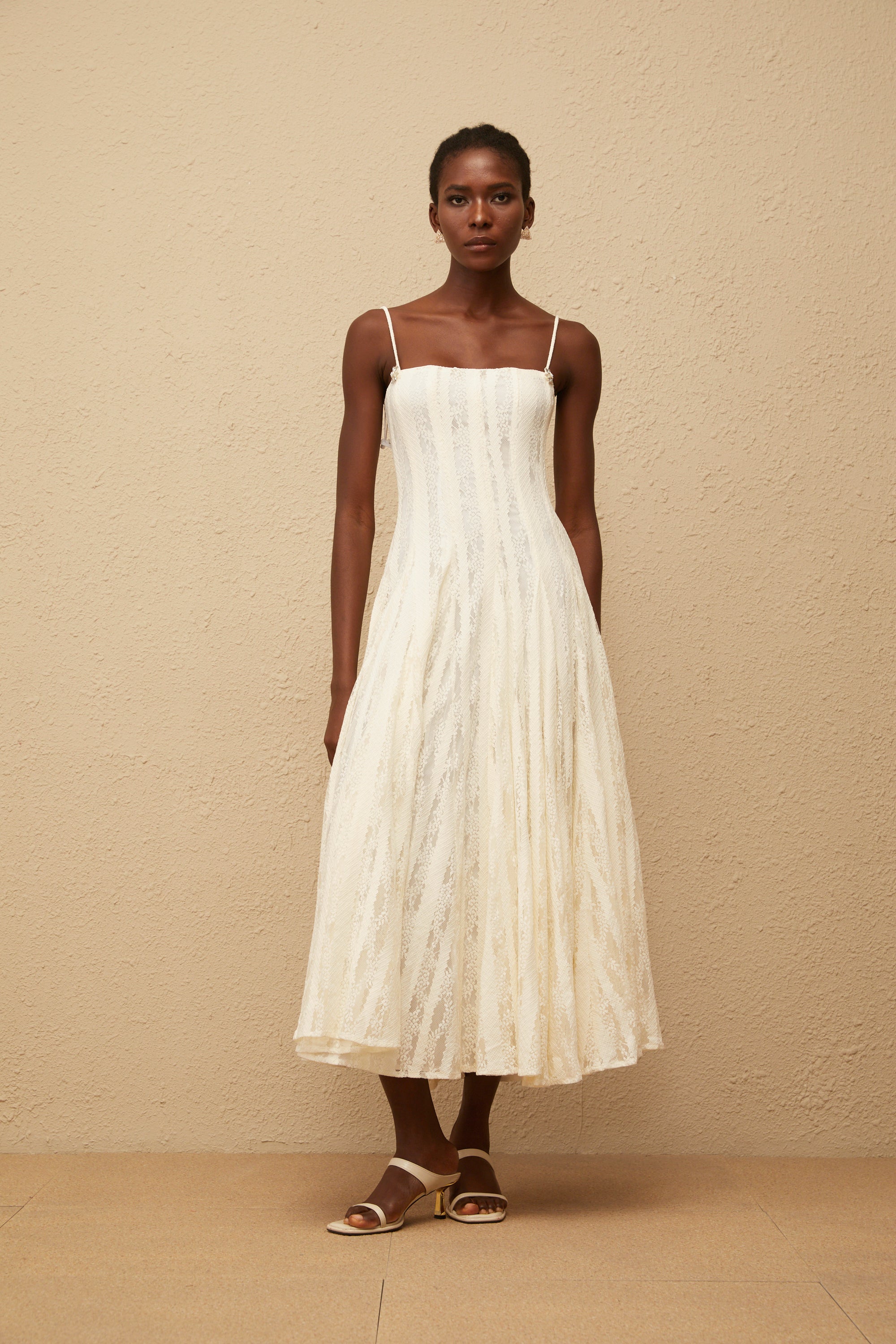 Coralie White Pleated Lace Midi Dress