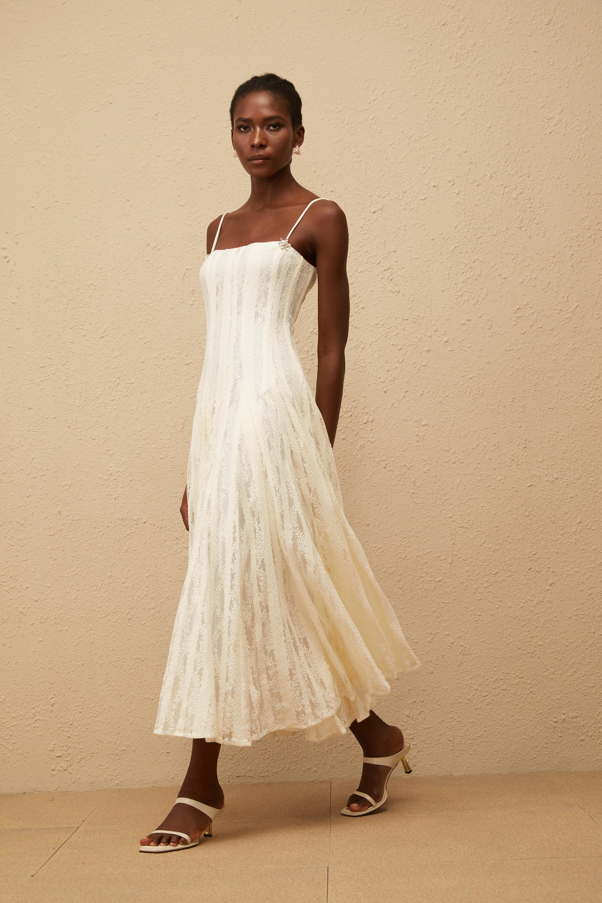 Coralie White Pleated Lace Midi Dress