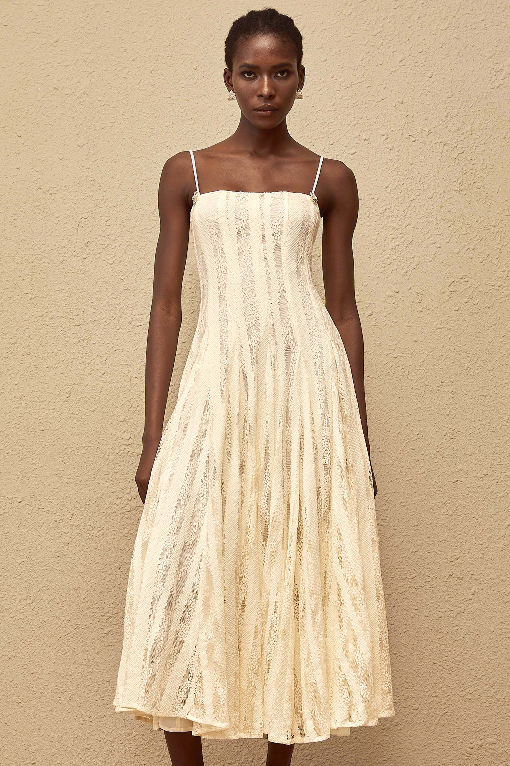 Coralie White Pleated Lace Midi Dress