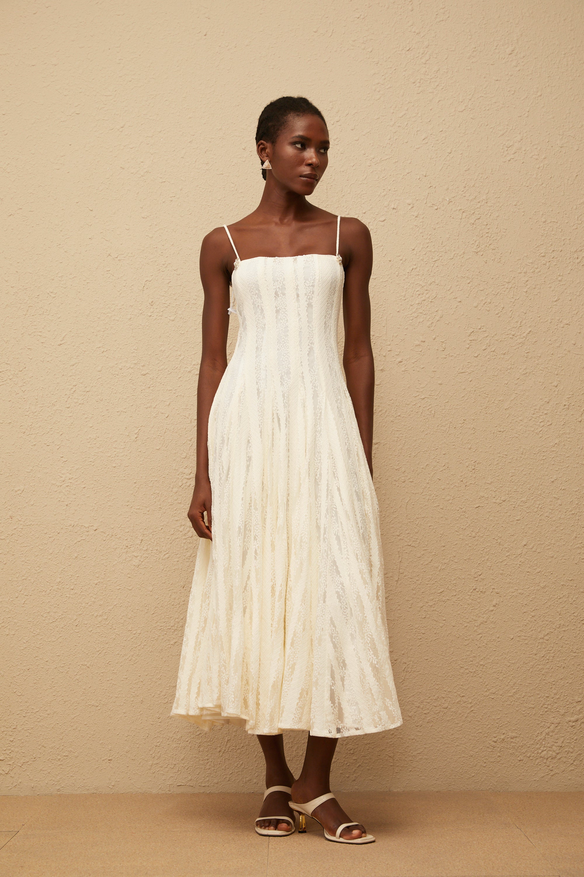 Coralie White Pleated Lace Midi Dress