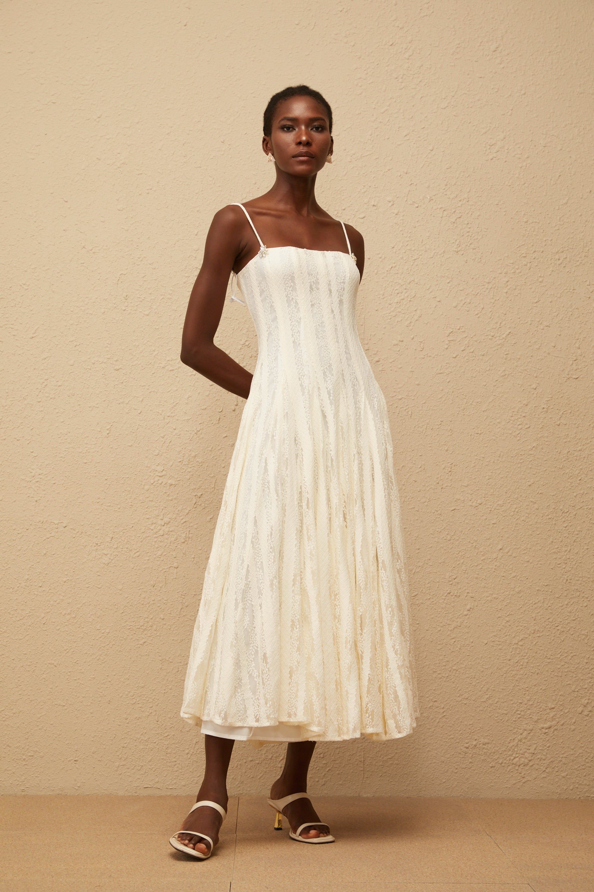 Coralie White Pleated Lace Midi Dress