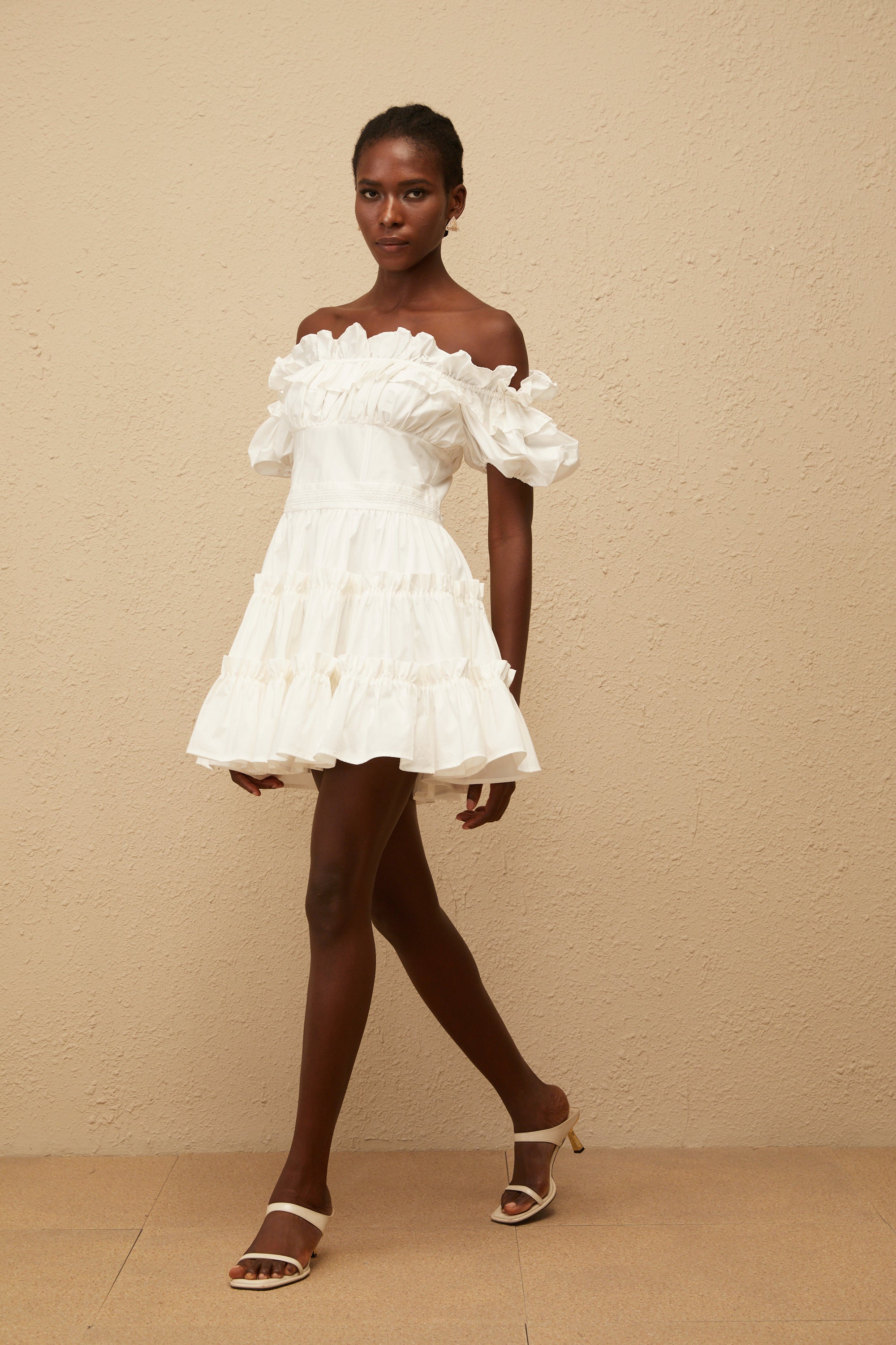 Irja White Off-Shoulder Shirred Mini Dress