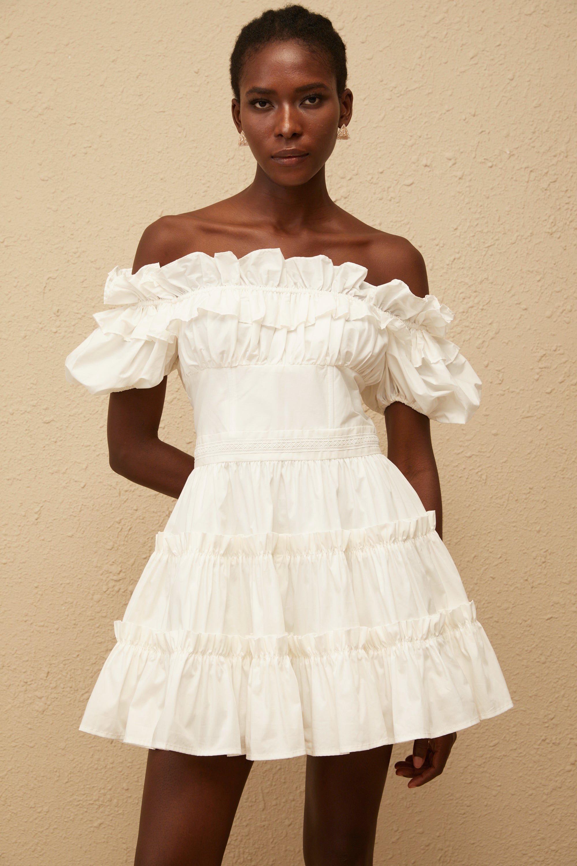 Irja White Off-Shoulder Shirred Mini Dress