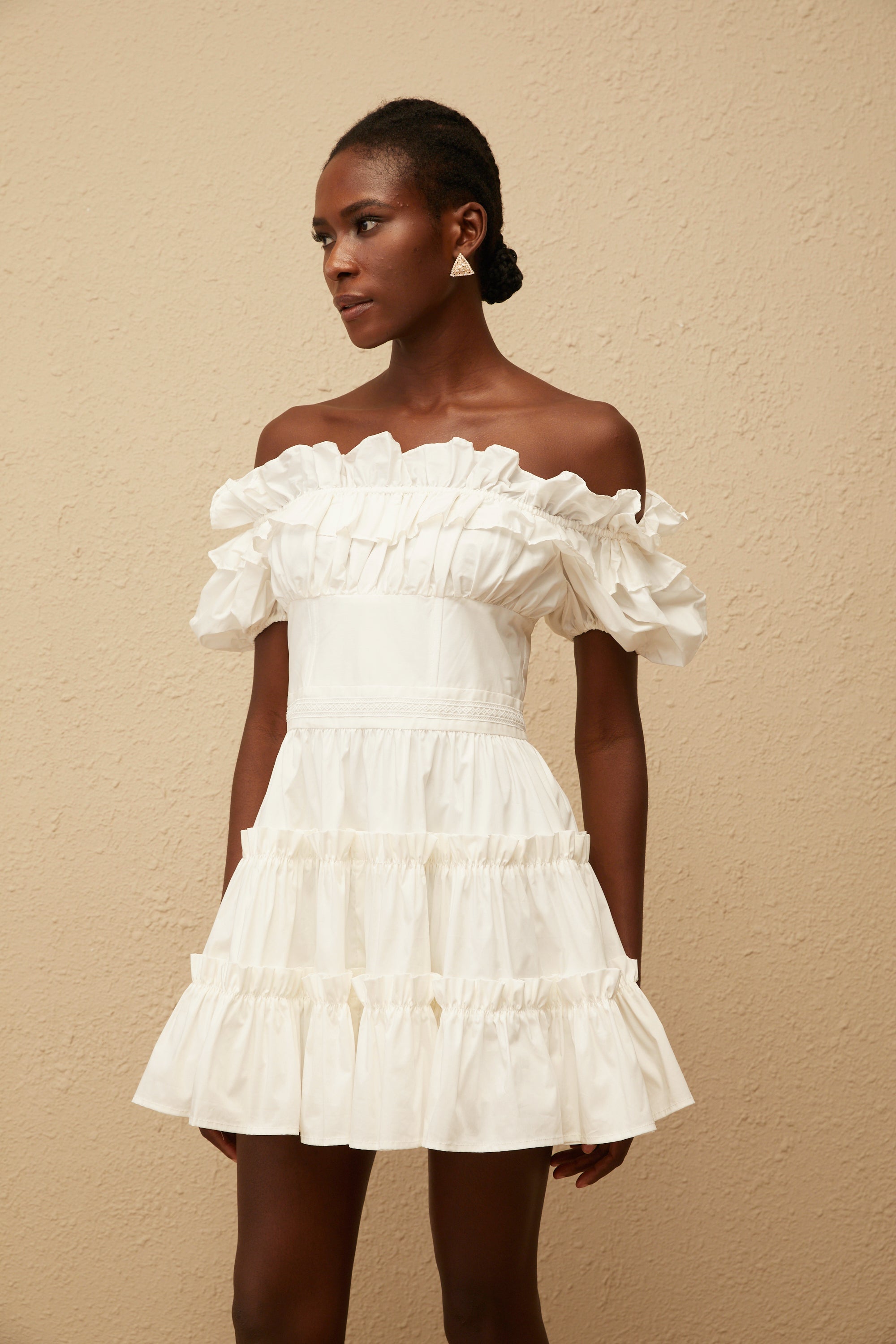 Irja White Off-Shoulder Shirred Mini Dress