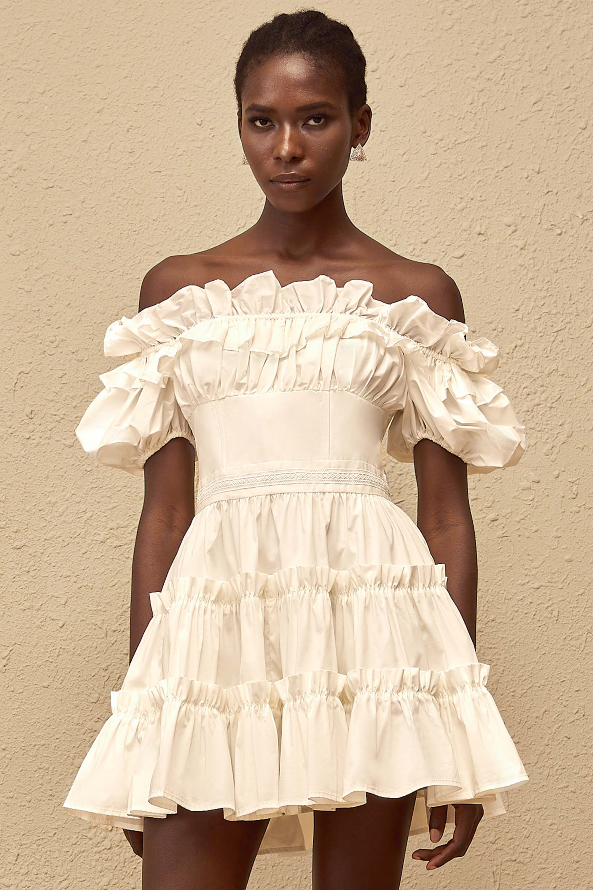 Irja White Off-Shoulder Shirred Mini Dress