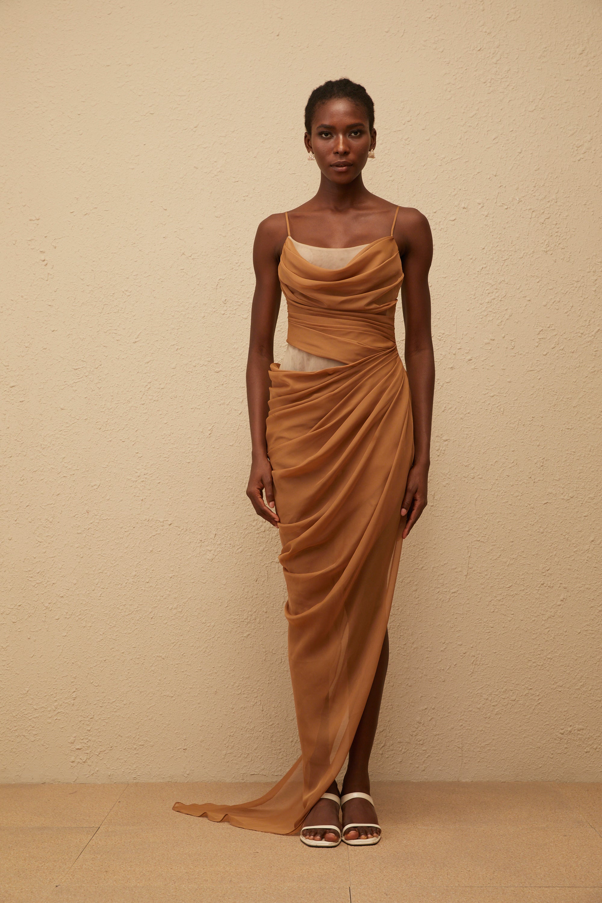 فستان شاريسا ماكسي شيفون كاكي منسدل