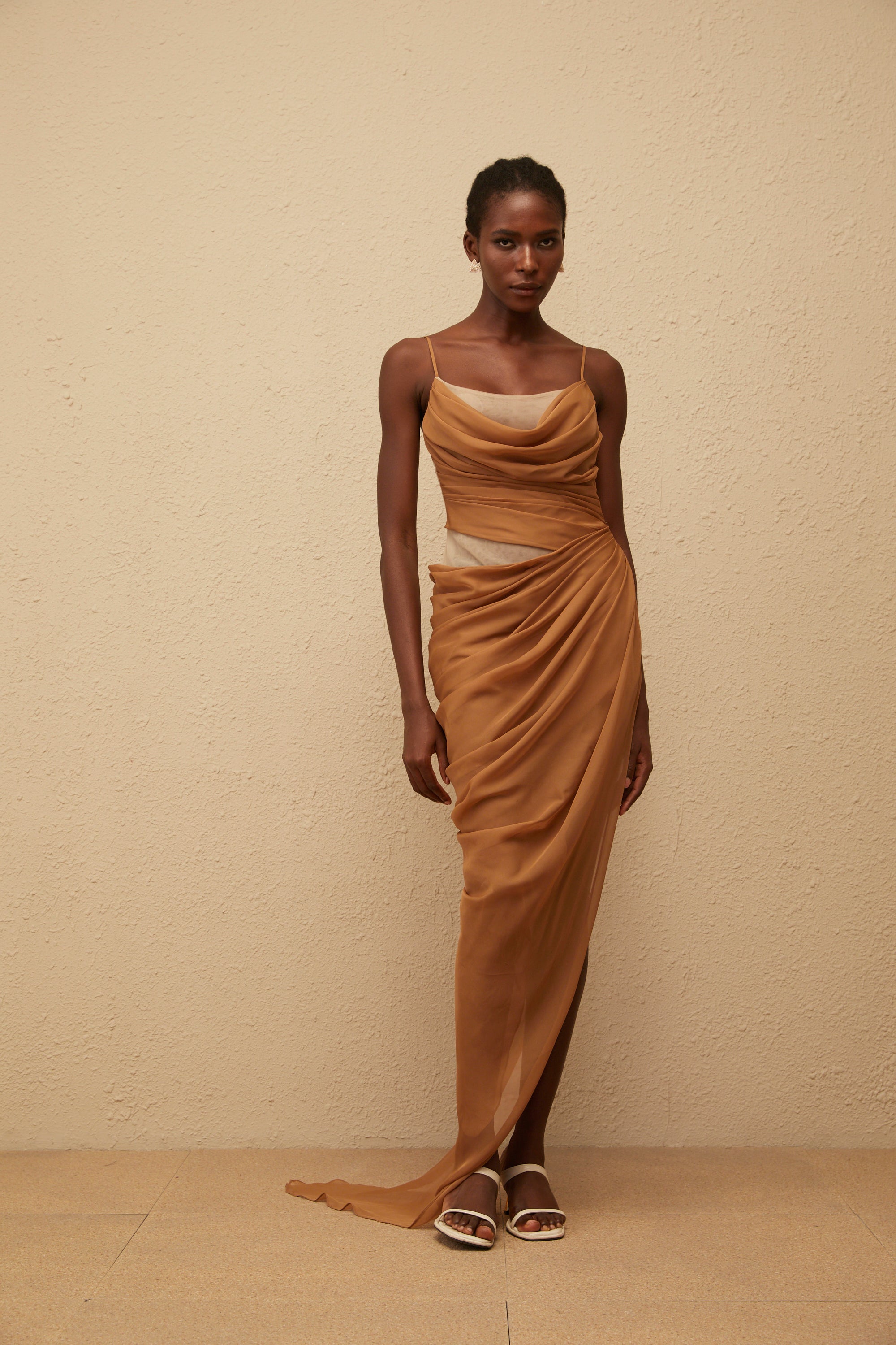 فستان شاريسا ماكسي شيفون كاكي منسدل