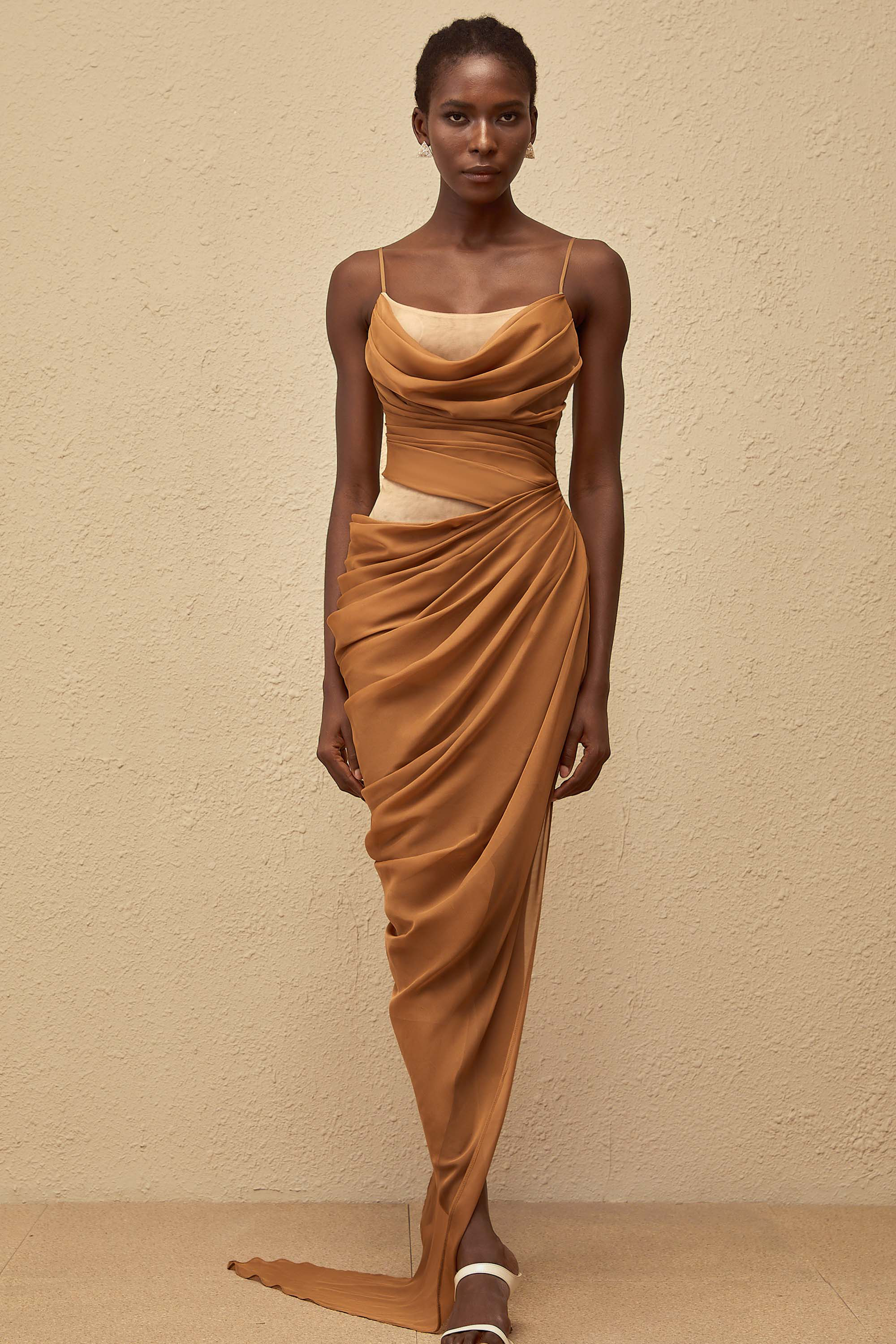 فستان شاريسا ماكسي شيفون كاكي منسدل